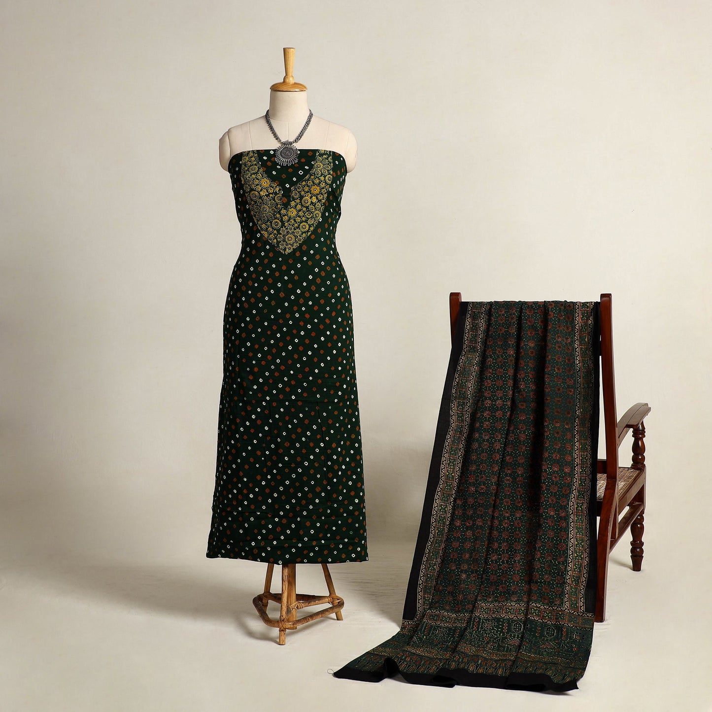 Green 2pc Tie-Dye Cotton Bandhani Kurta with Ajrakh Dupatta