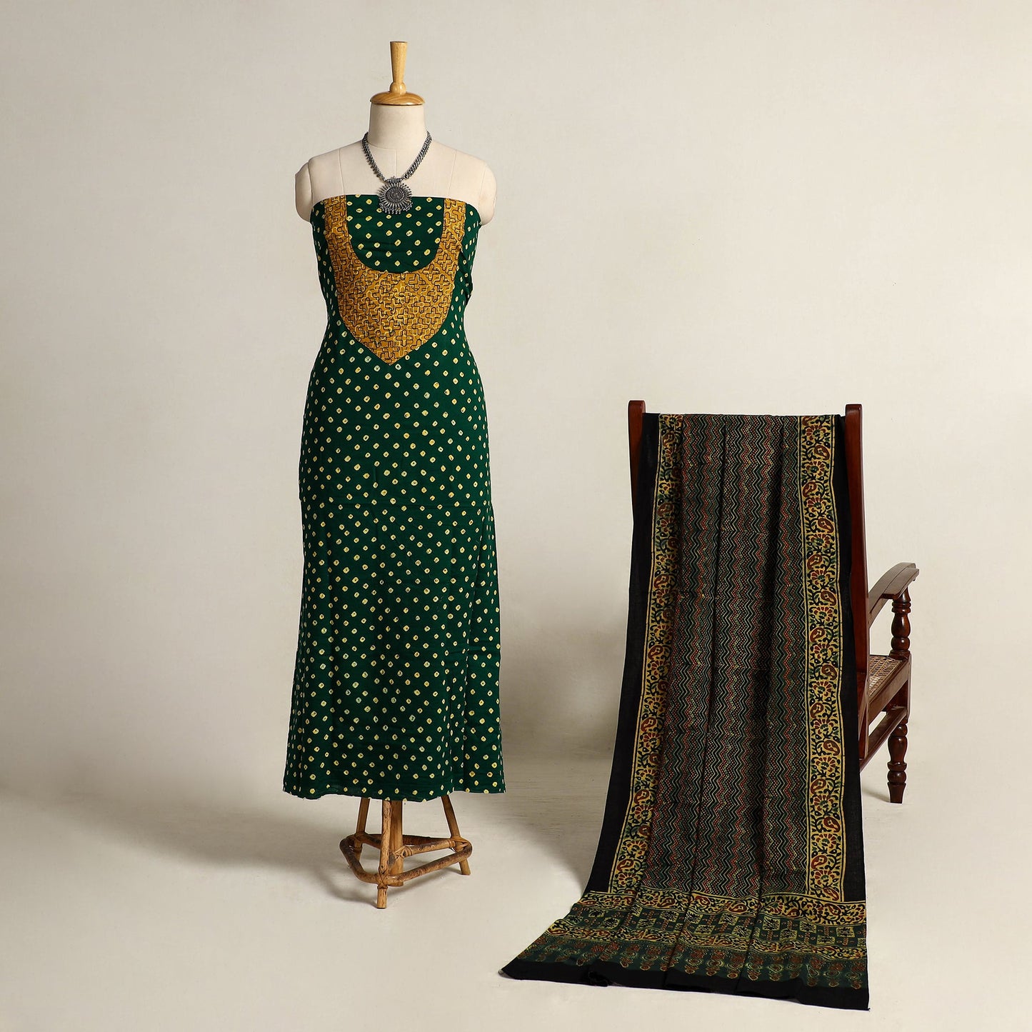 Green 2pc Tie-Dye Cotton Bandhani Kurta with Ajrakh Dupatta