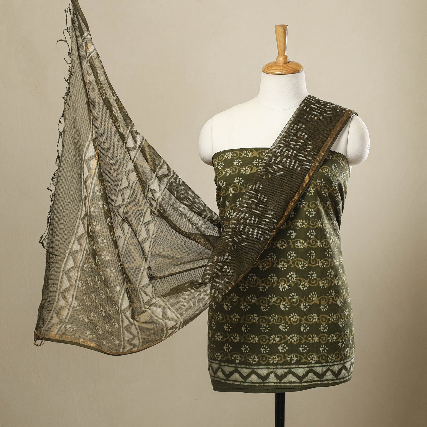 Buy 3pc Green Block Print Cotton Batik Dress Material