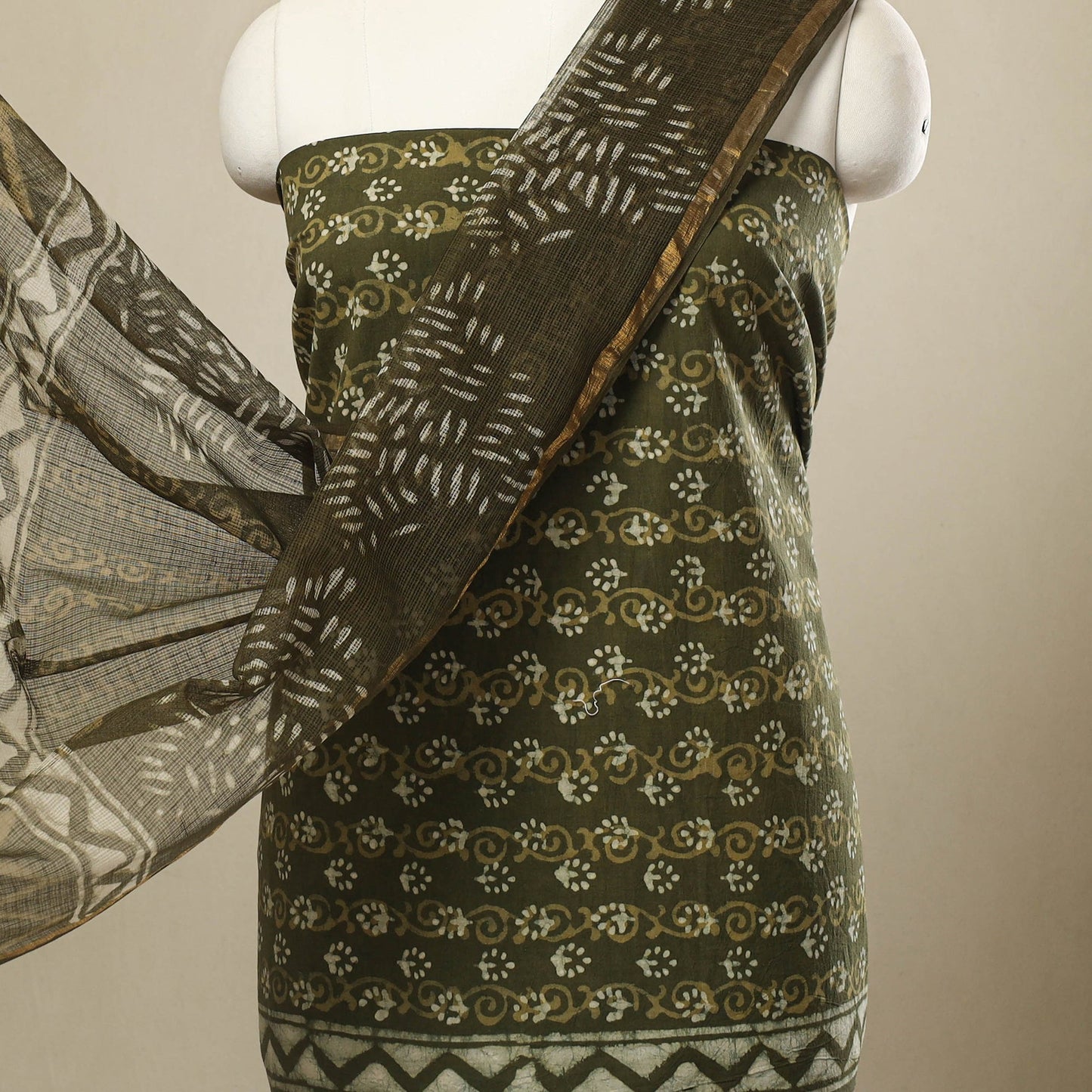 Buy 3pc Green Block Print Cotton Batik Dress Material