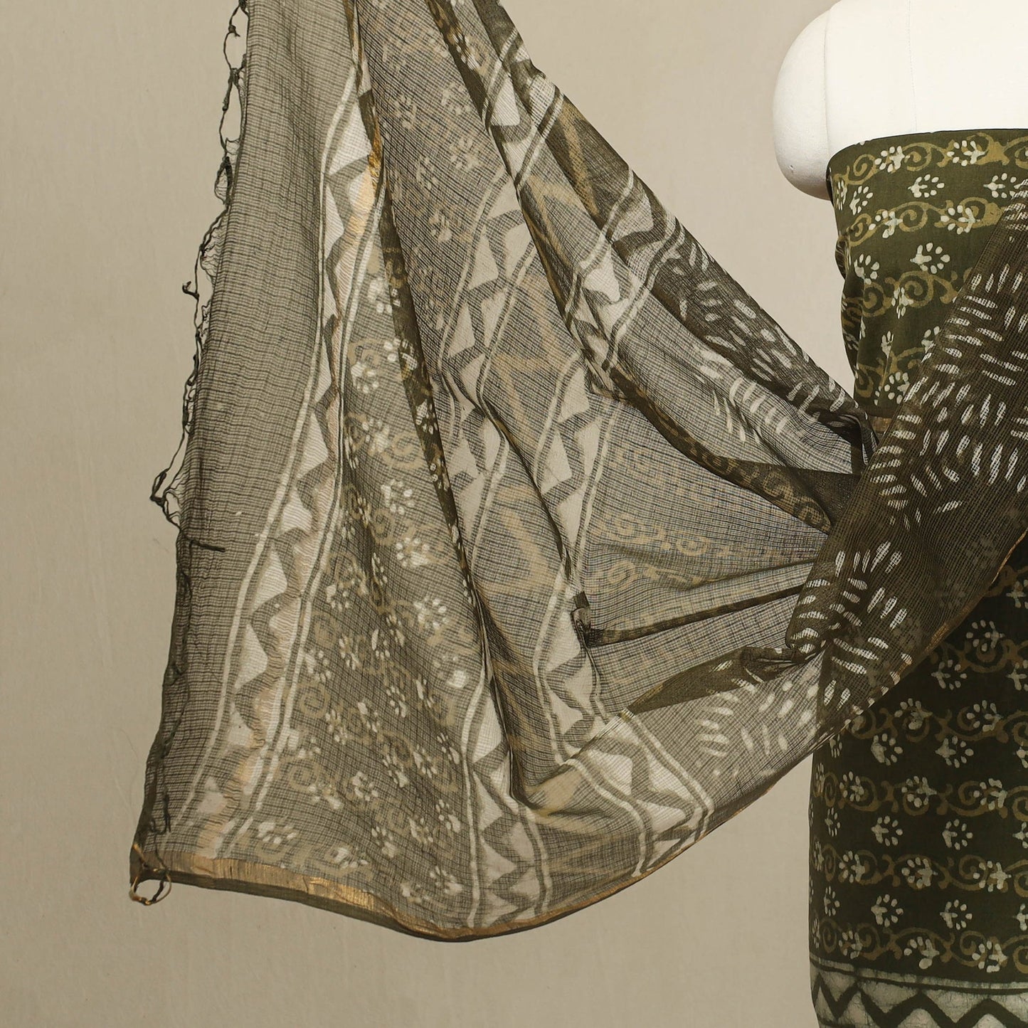 Buy 3pc Green Block Print Cotton Batik Dress Material