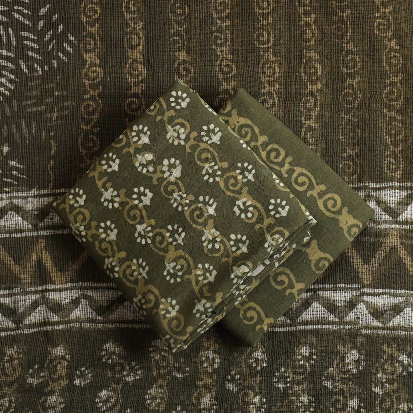 Buy 3pc Green Block Print Cotton Batik Dress Material