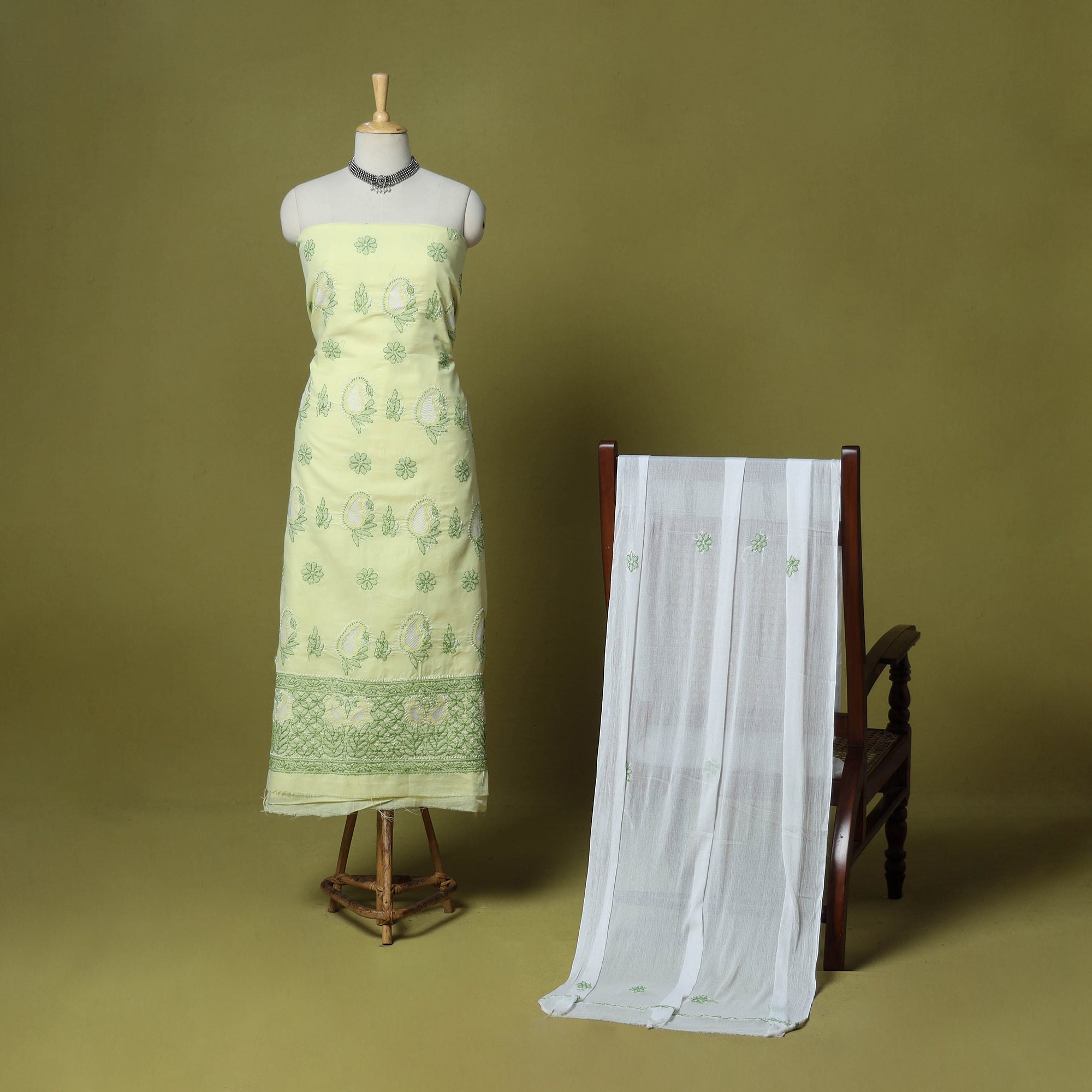 Green 3pc Hand Embroidery Cotton Lucknow Chikankari Unstitched Dress  Material Suit Sets