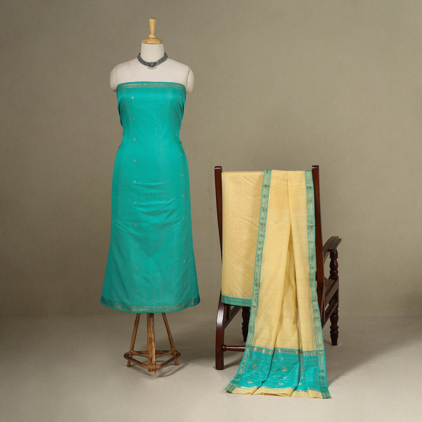 Green - 3pc Handloom Nakshi Zari Unstitched Chanderi Silk Dress Material