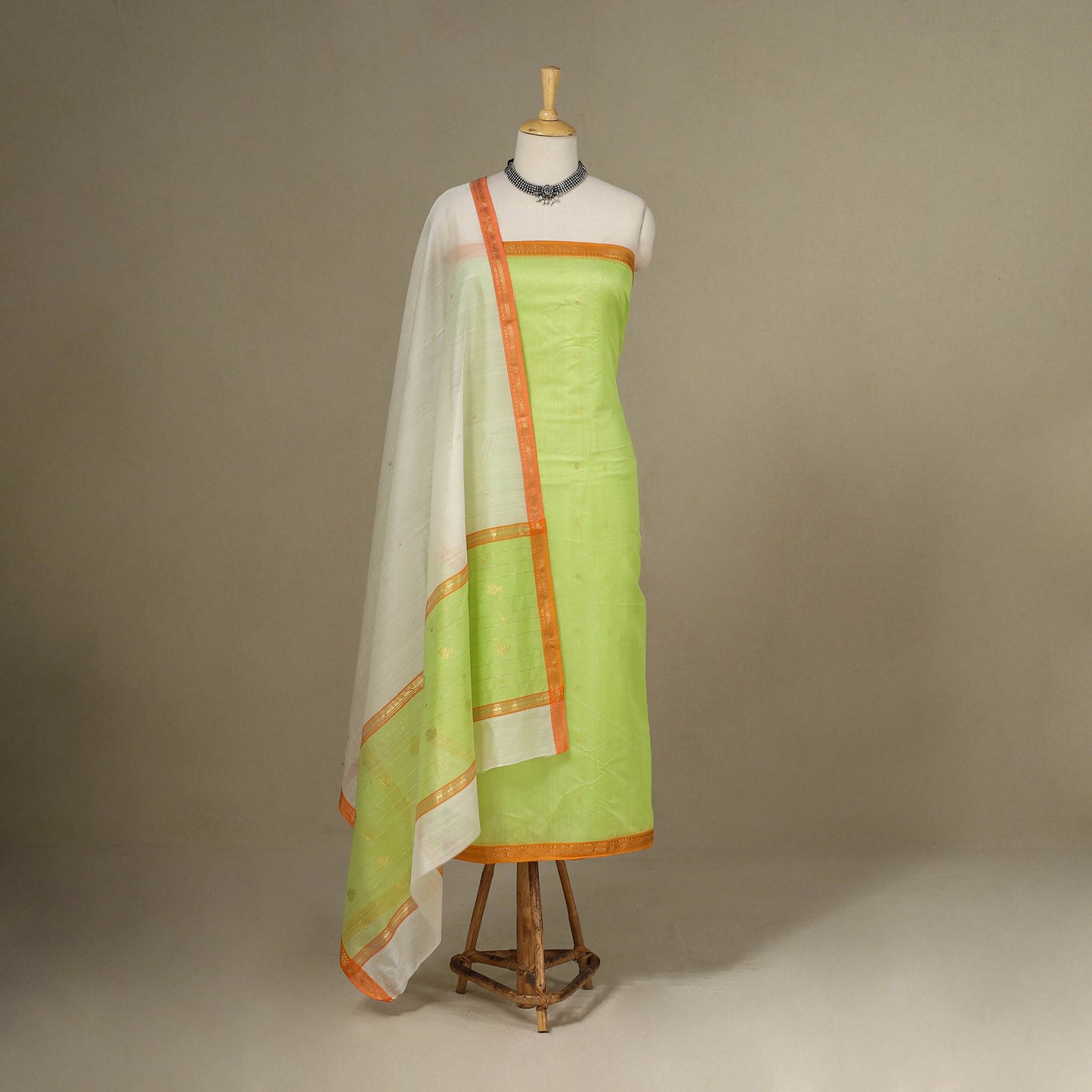 Green - 3pc Handloom Nakshi Zari Unstitched Chanderi Silk Dress Material