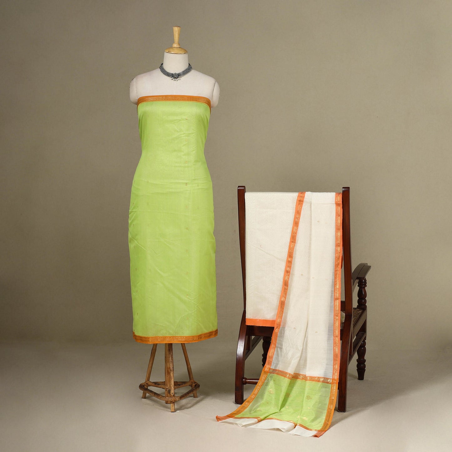 Green - 3pc Handloom Nakshi Zari Unstitched Chanderi Silk Dress Material
