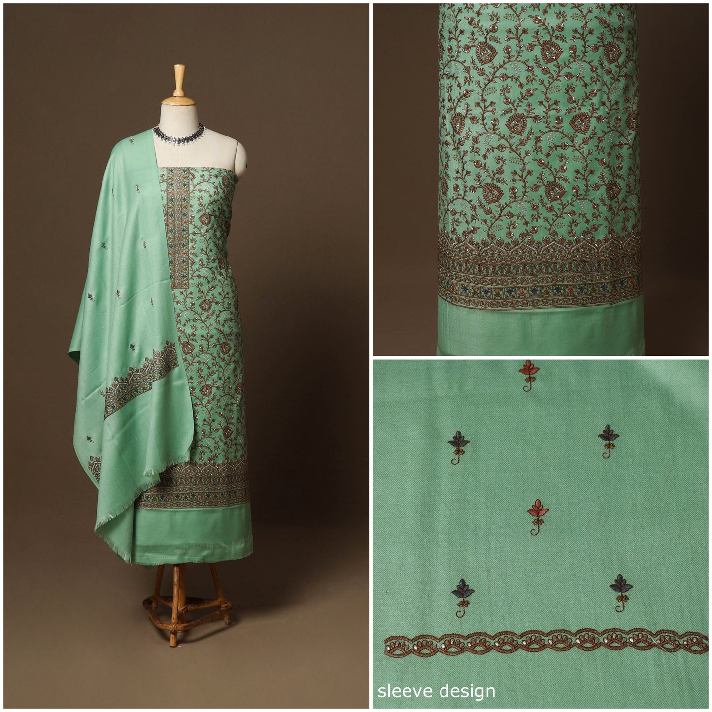 Green - 3pc heavy hand embroidered work merino wool