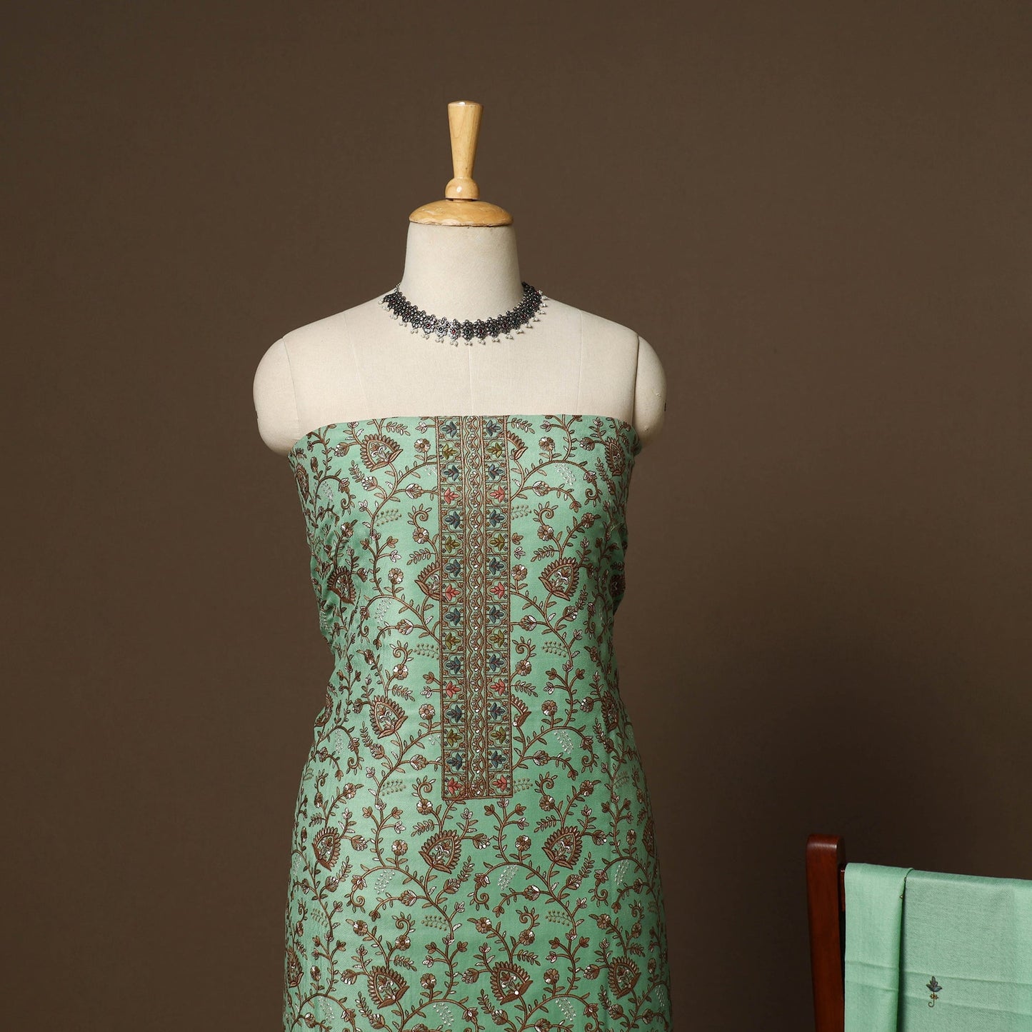 Green - 3pc heavy hand embroidered work merino wool