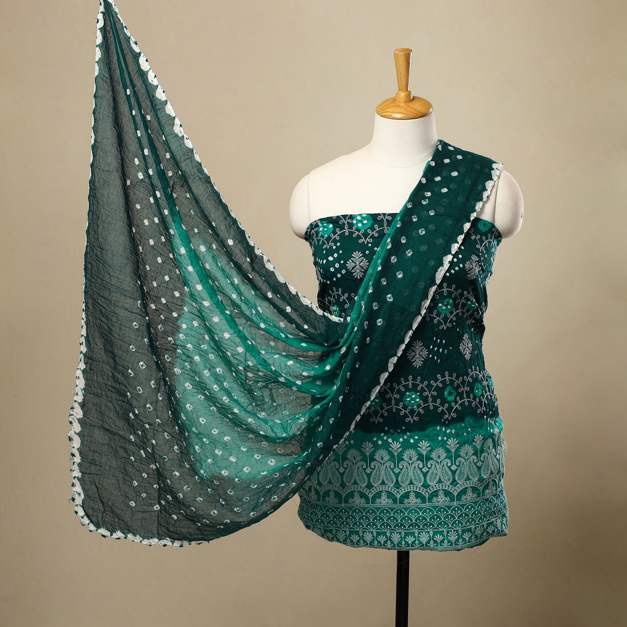 Green - 3pc Tie & Dye Satin Cotton Bandhani Unstitched Dress Material 01