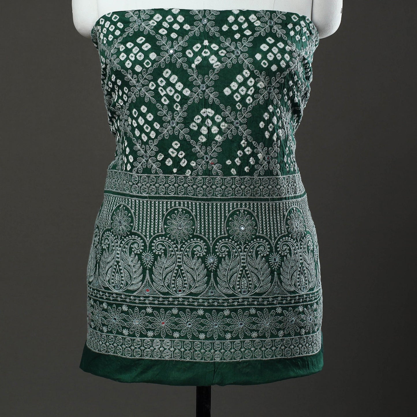Green 3pc Tie & Dye Satin Cotton Bandhani Dress Material