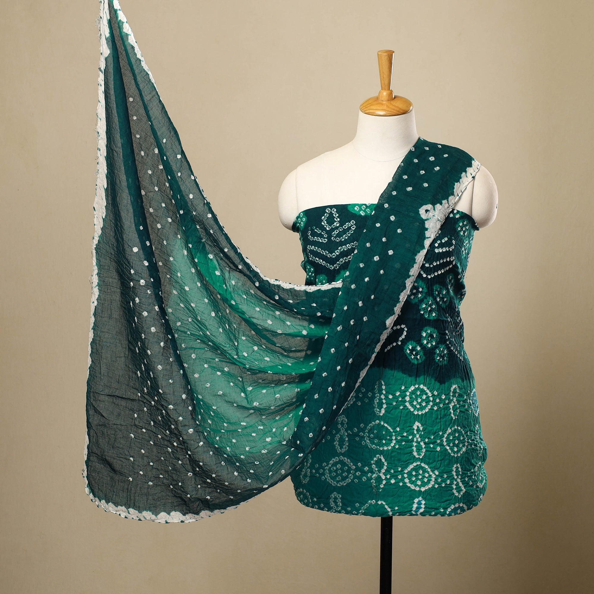 Dark Green - 3pc Tie & Dye Satin Cotton Bandhani Unstitched Dress Material 69 main image 0