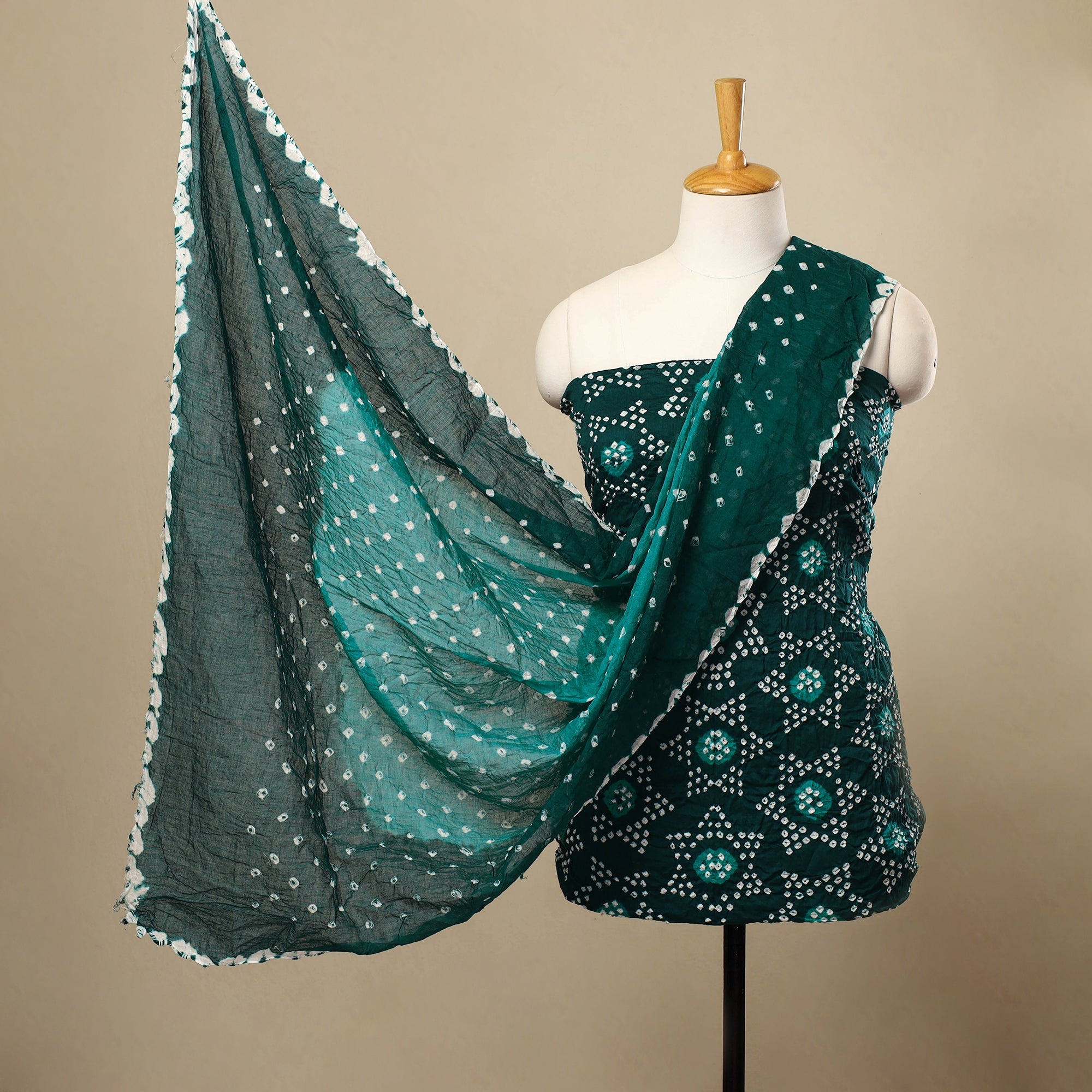 Green - 3pc Tie & Dye Satin Cotton Bandhani Unstitched Dress Material 39 main image 1