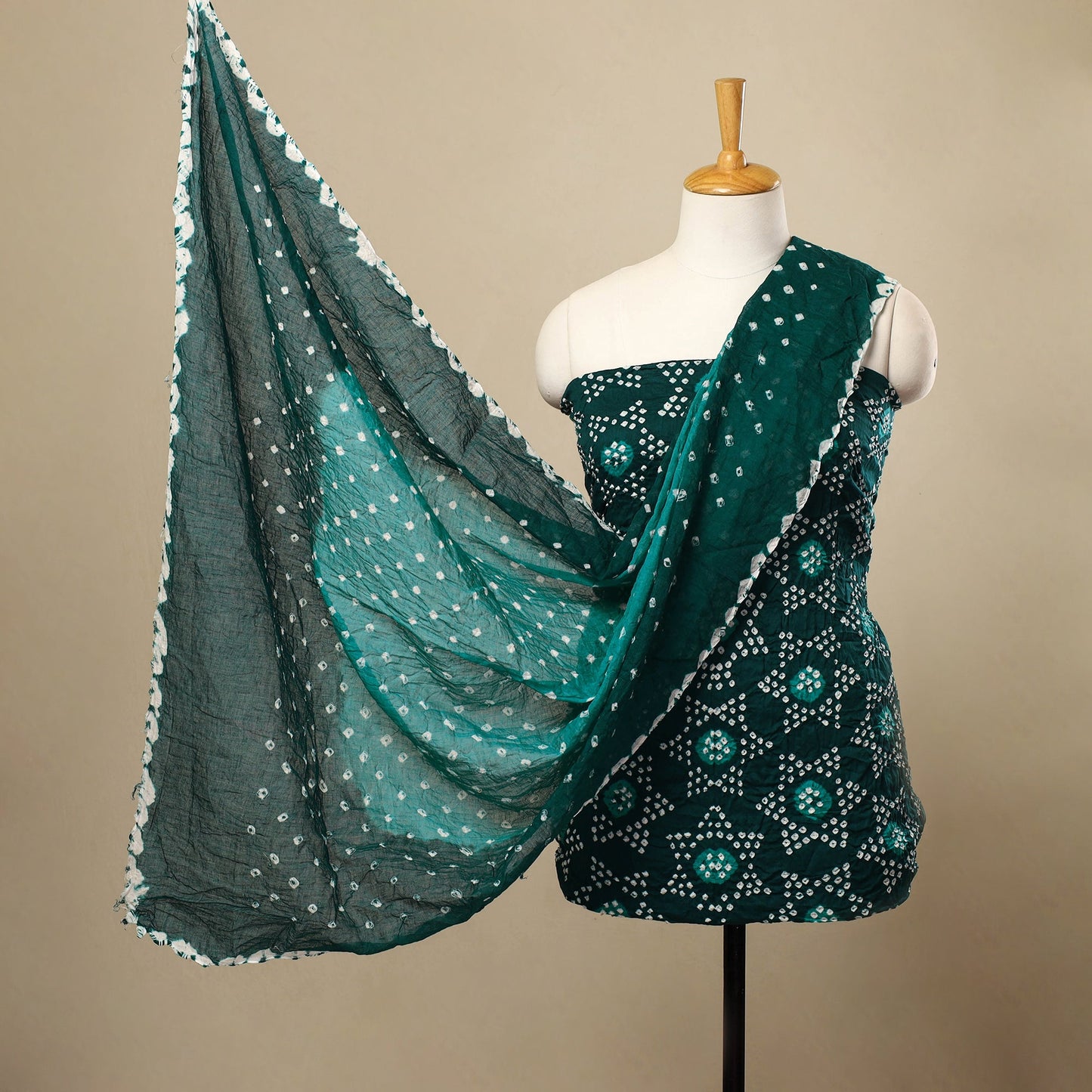Green 3pc Tie & Dye Satin Cotton Bandhani Dress Material