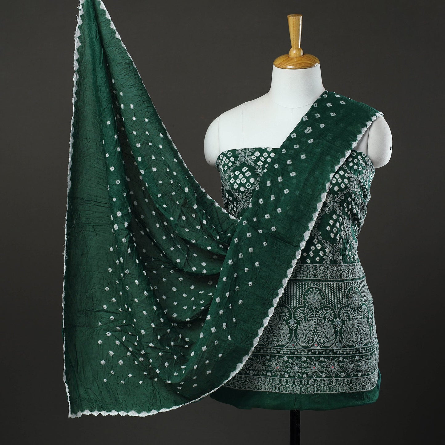 Green 3pc Tie & Dye Satin Cotton Bandhani Dress Material