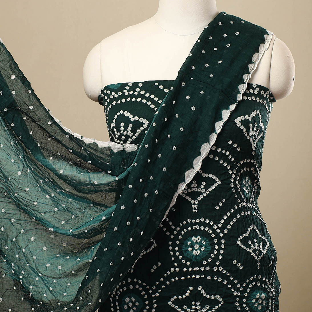 Green - 3pc tie & dye satin cotton bandhani unstitched