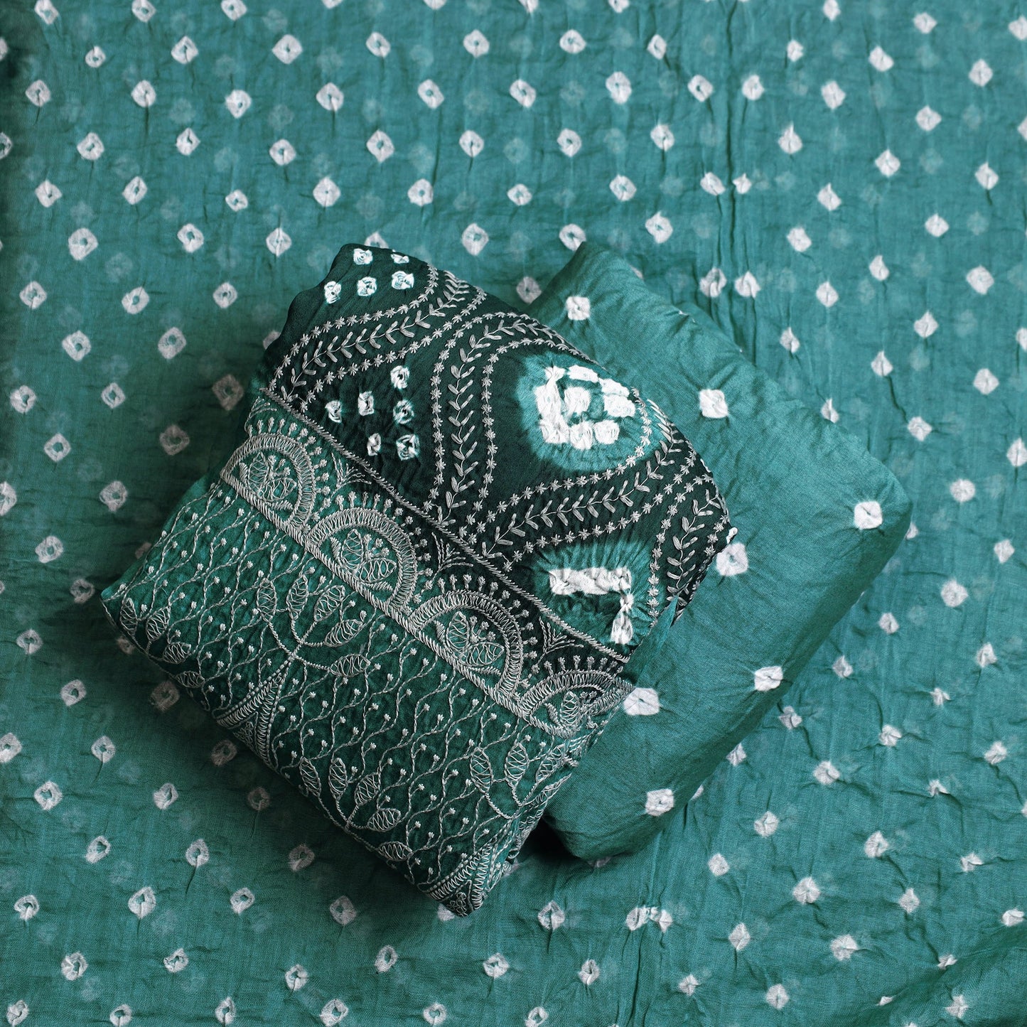 Green 3pc Tie & Dye Satin Cotton Bandhani Dress Material