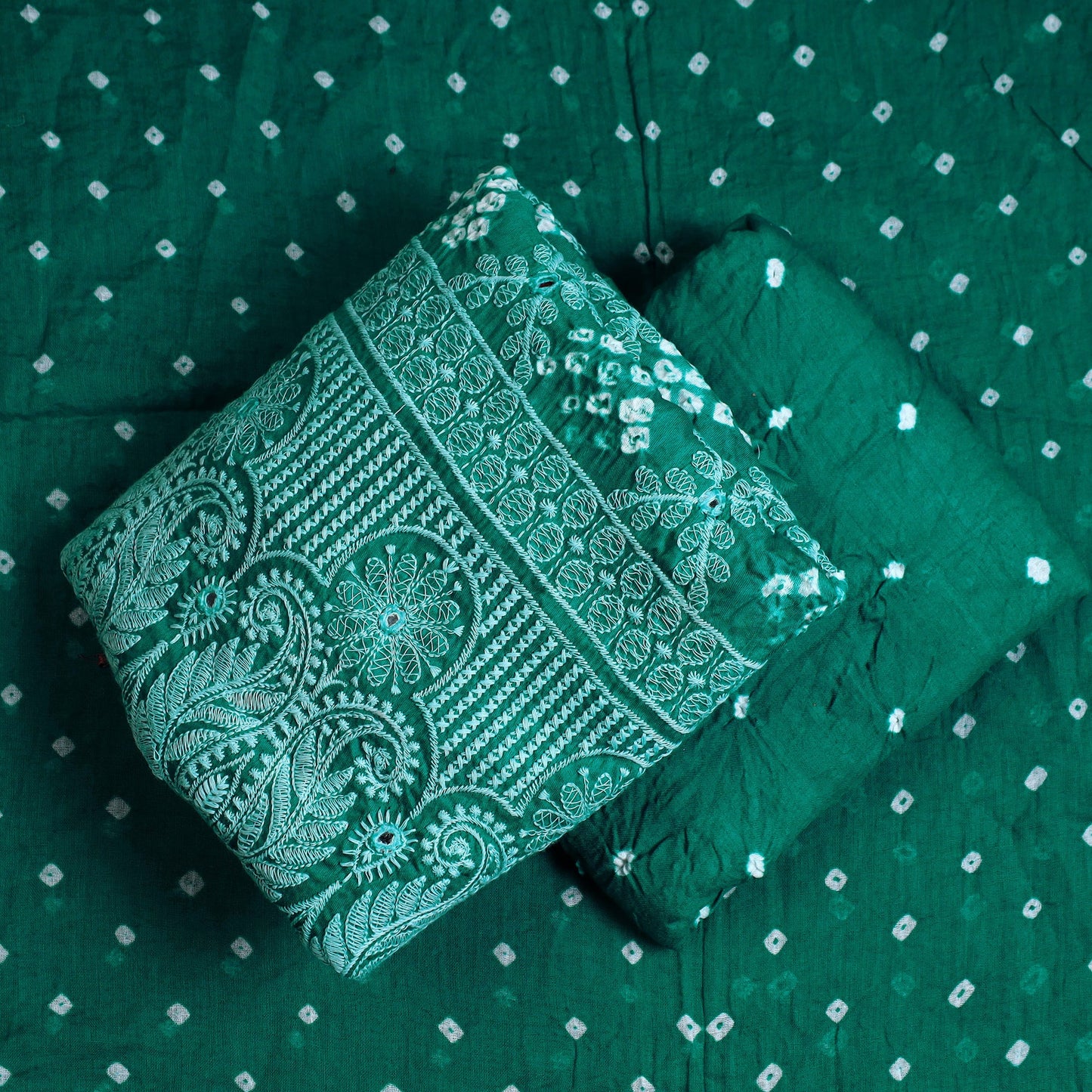 Green 3pc Tie & Dye Satin Cotton Bandhani Dress Material