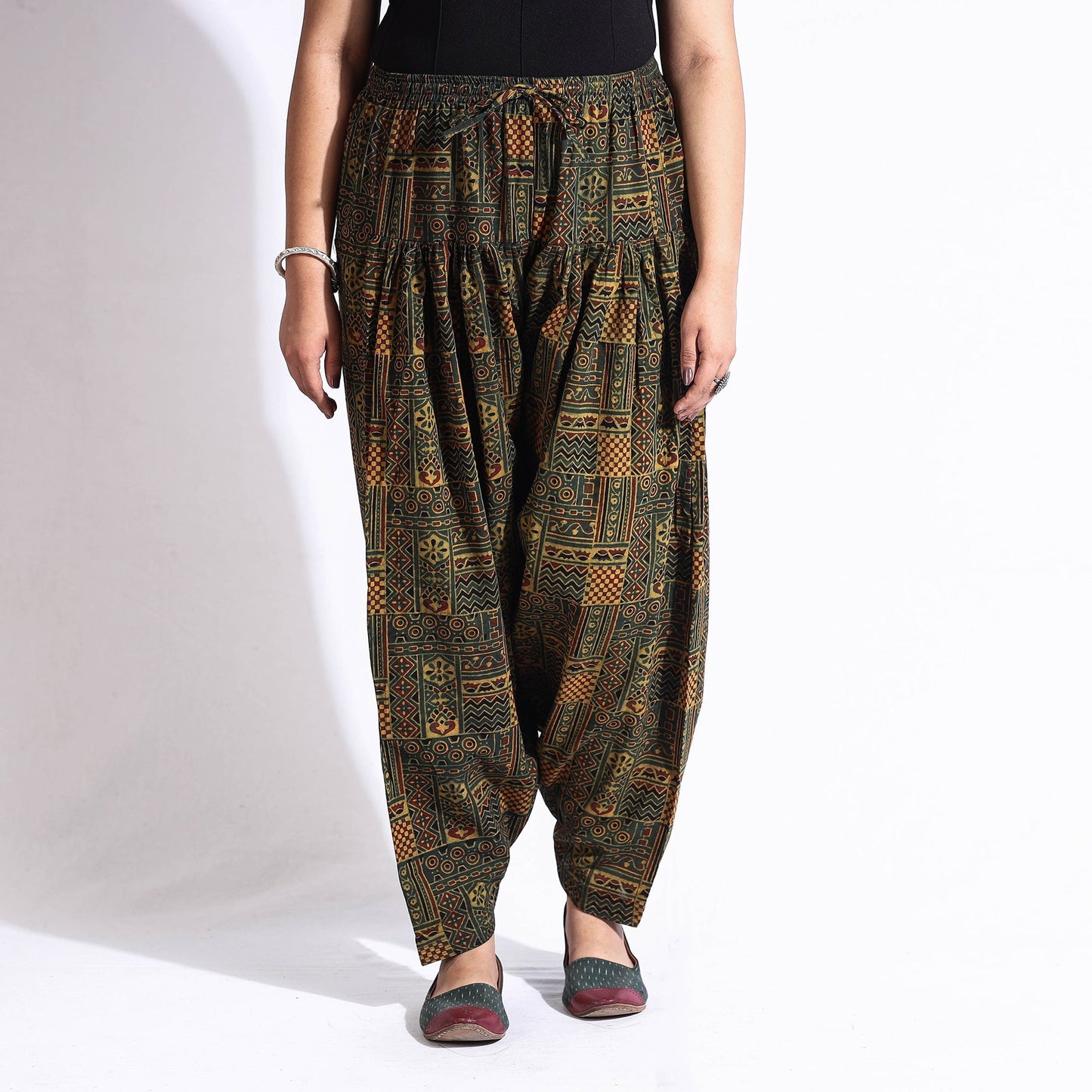 Green - printed cotton elasticated salwar - handcrafted