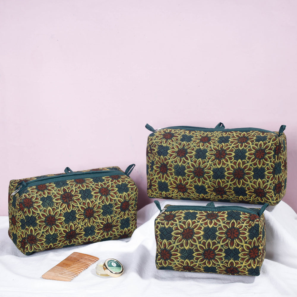 Ajrakh Block Printed Cotton Toiletry Bags (Set of 3)