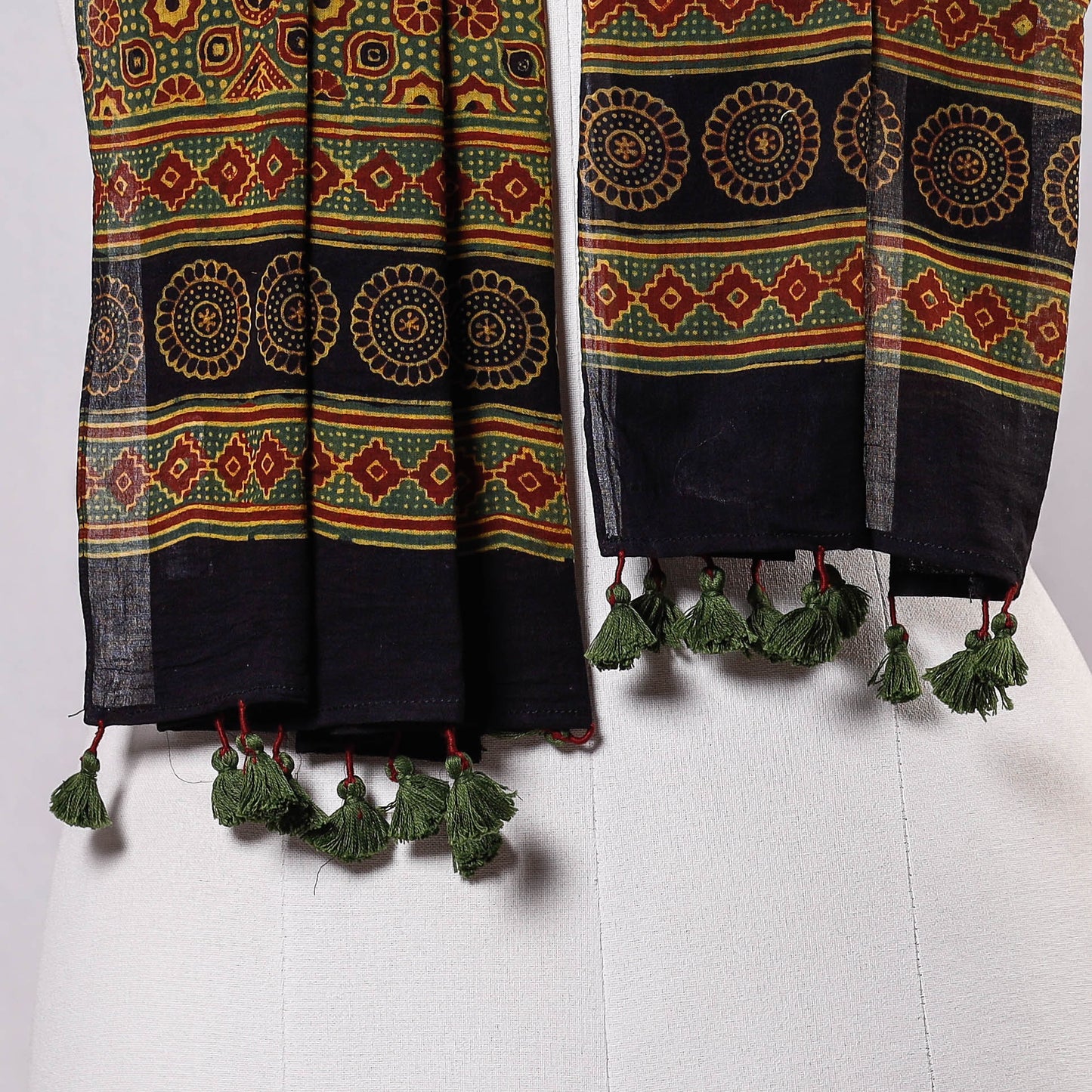 Buy Ajrakh Block Printing Mul Cotton Stole With Tassels Online at iTokri.com
