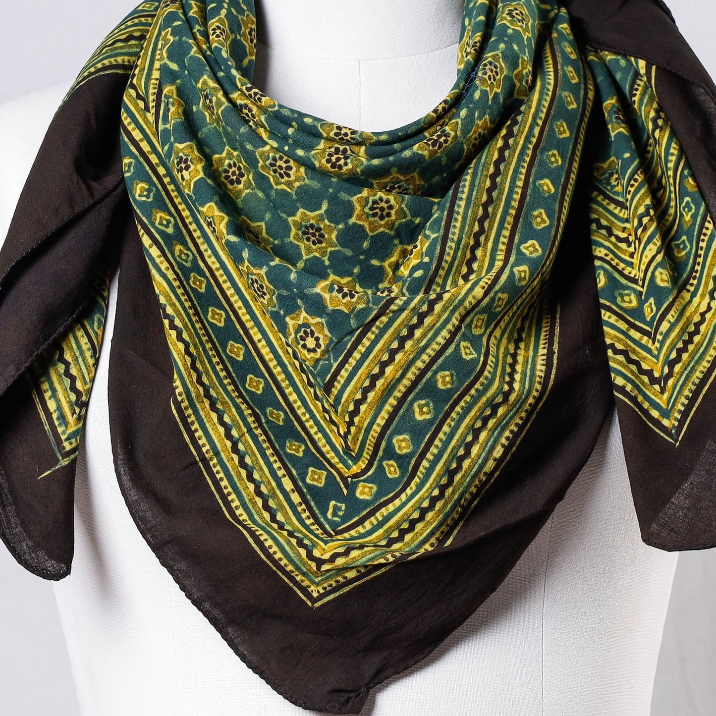 Green Ajrakh Block Printing Cotton Scarf from Kutch