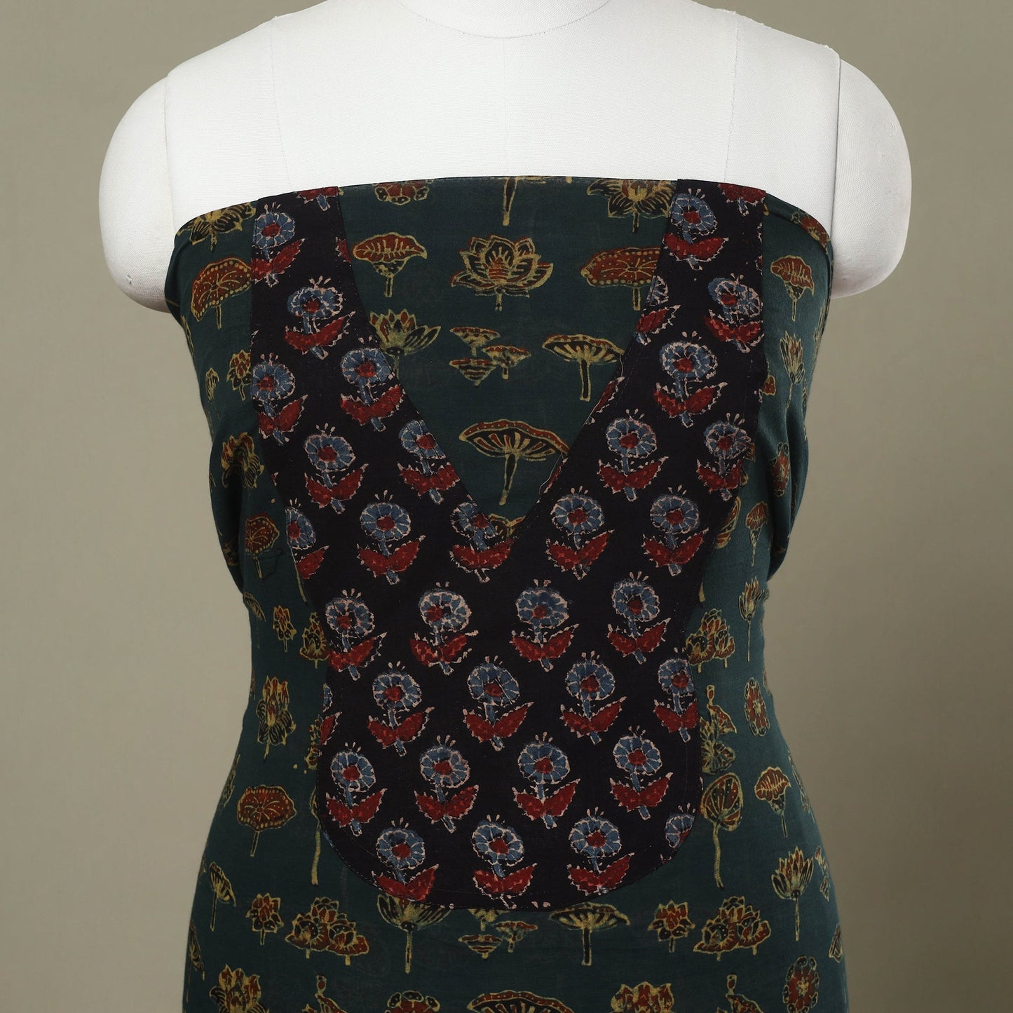 Buy Green Ajrakh Print Patchwork Cotton Kurta Material