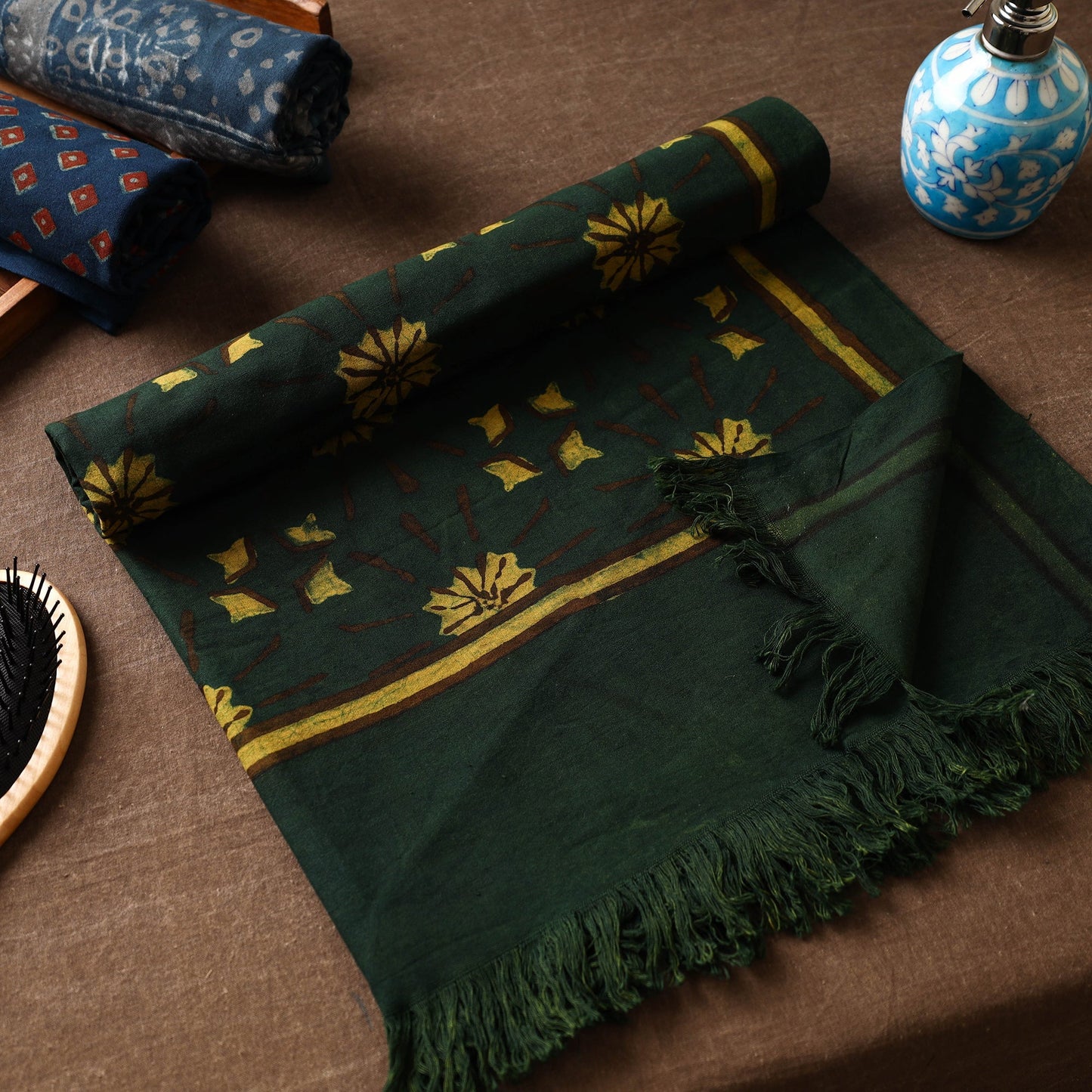 Green Akola Block Printed Pure Handloom Cotton Towel