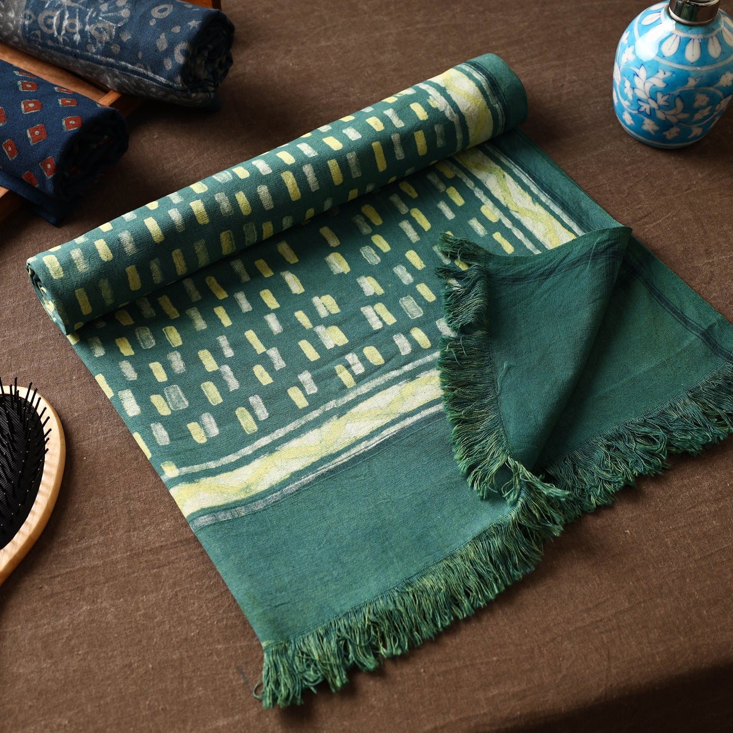 Green Akola Block Printed Pure Handloom Cotton Towel