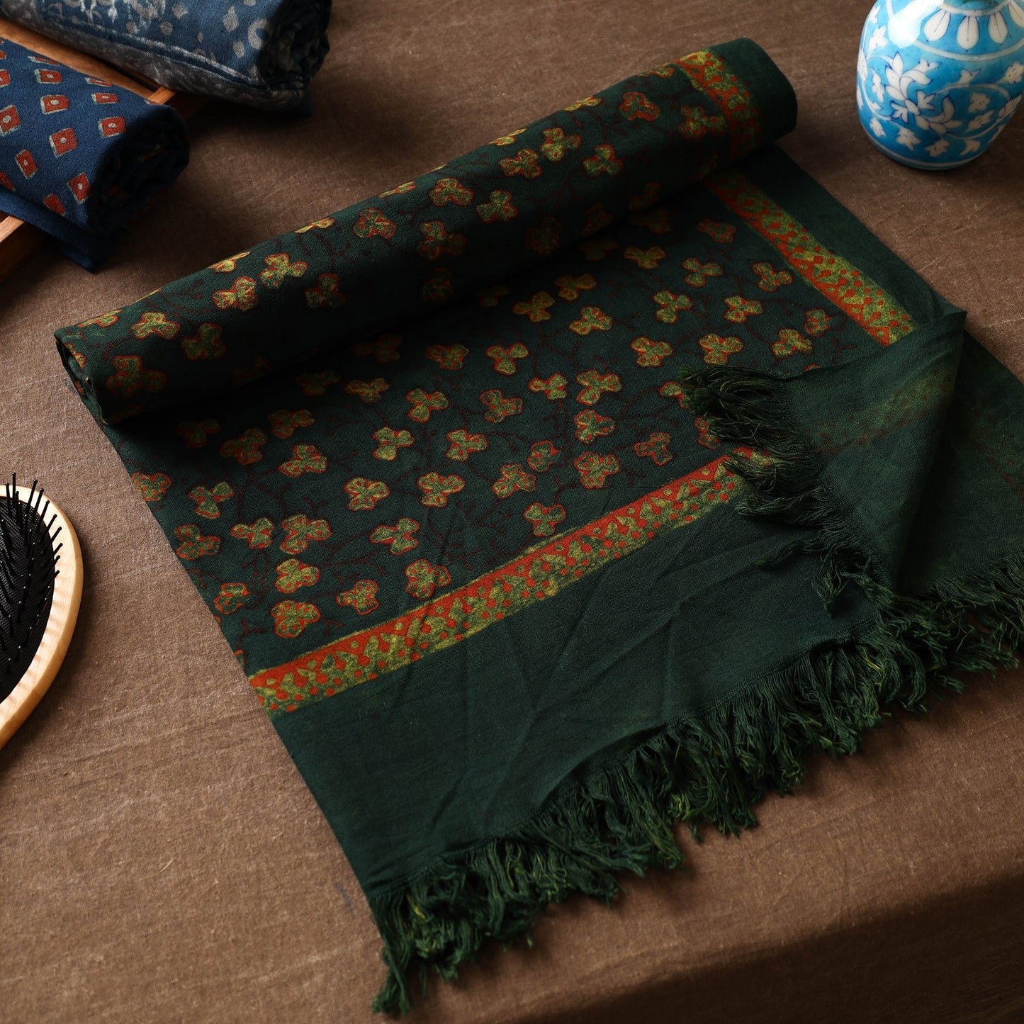 Green Akola Block Printed Pure Handloom Cotton Towel