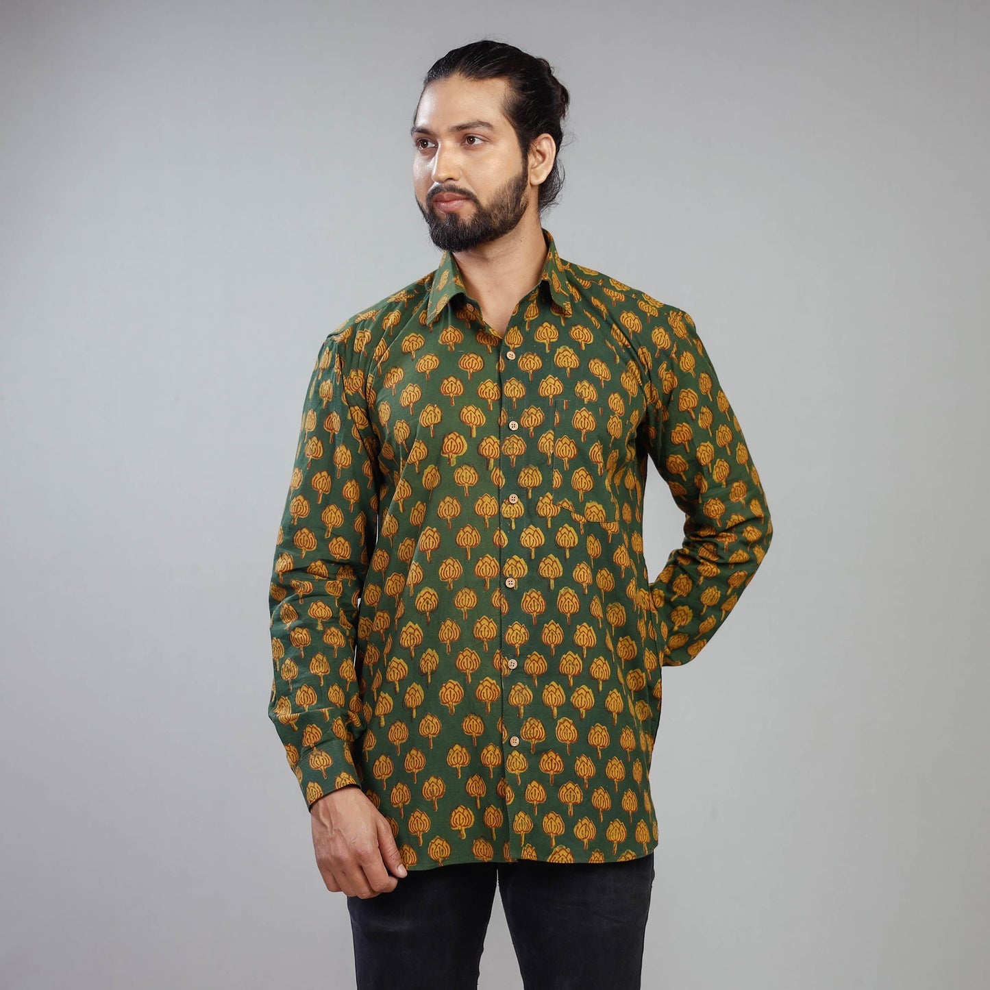 Green - Akola Block Printing Cotton Men Full Sleeve Shirt