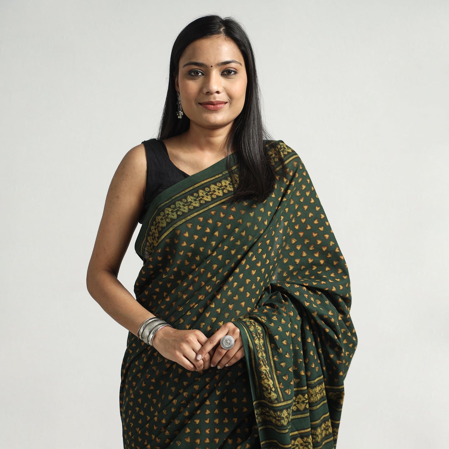 Green - Akola Hand Block Printed Cotton Saree