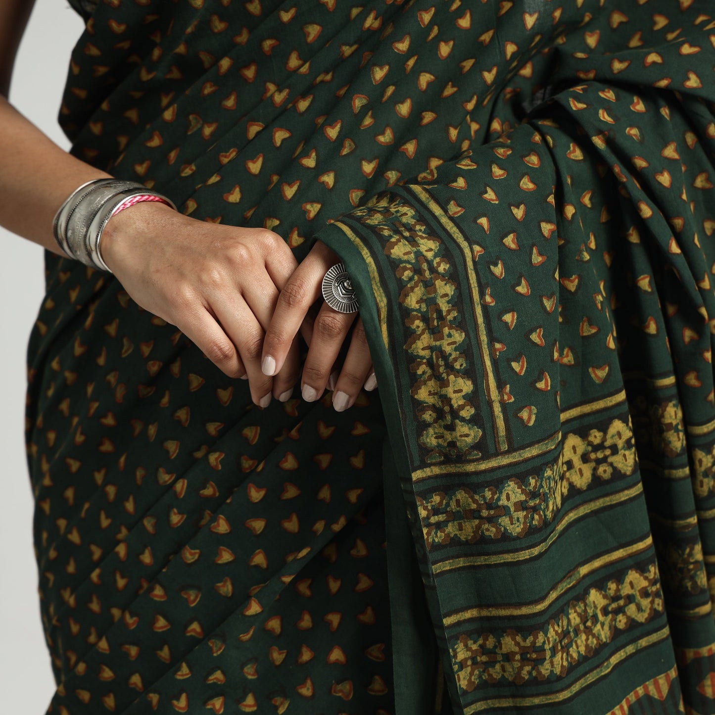 Green - Akola Hand Block Printed Cotton Saree
