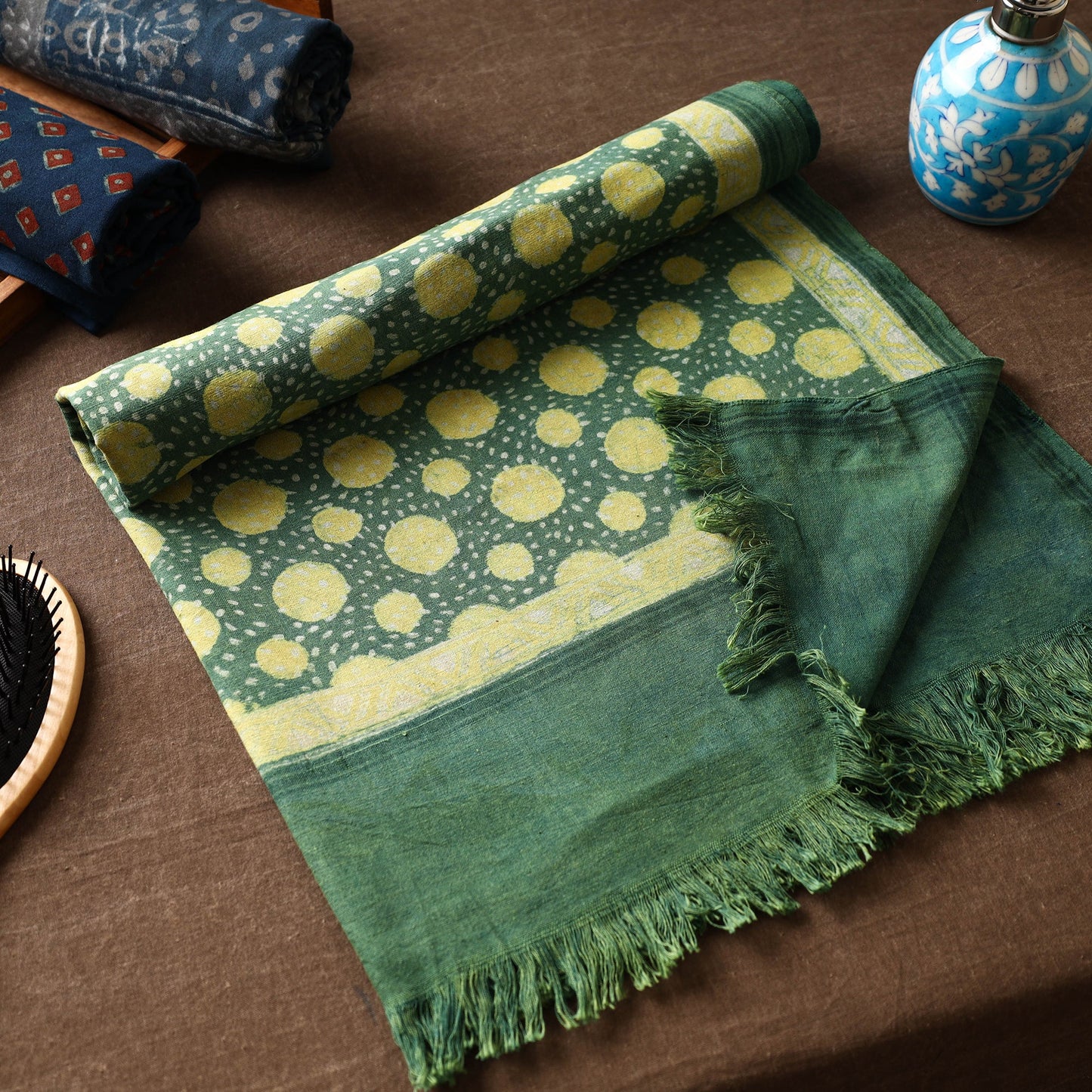 Green Akola Block Printed Pure Handloom Cotton Towel
