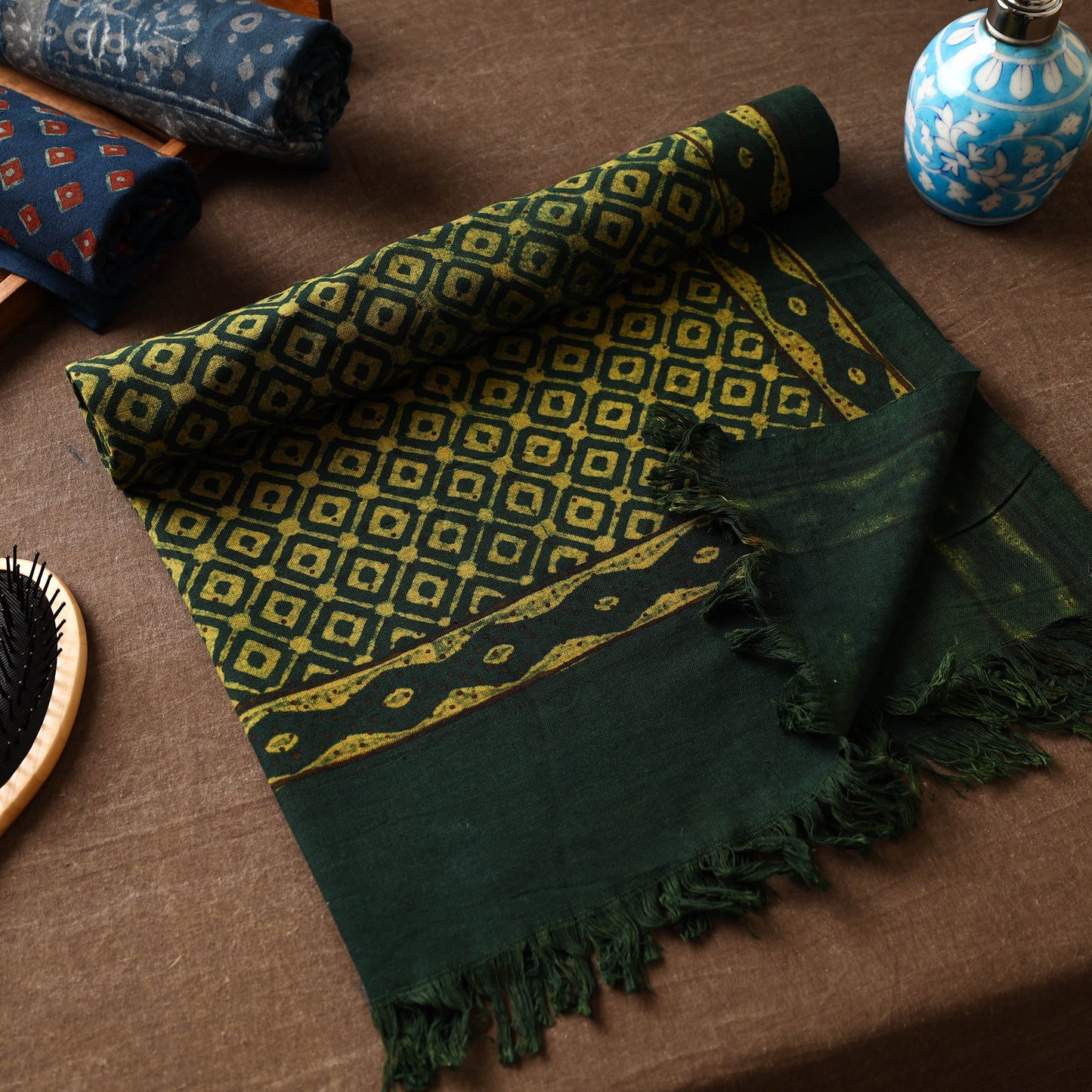 Green Akola Block Printed Pure Handloom Cotton Towel