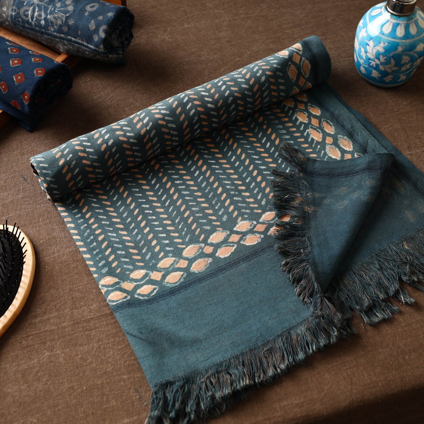 Green Akola Block Printed Pure Handloom Cotton Towel
