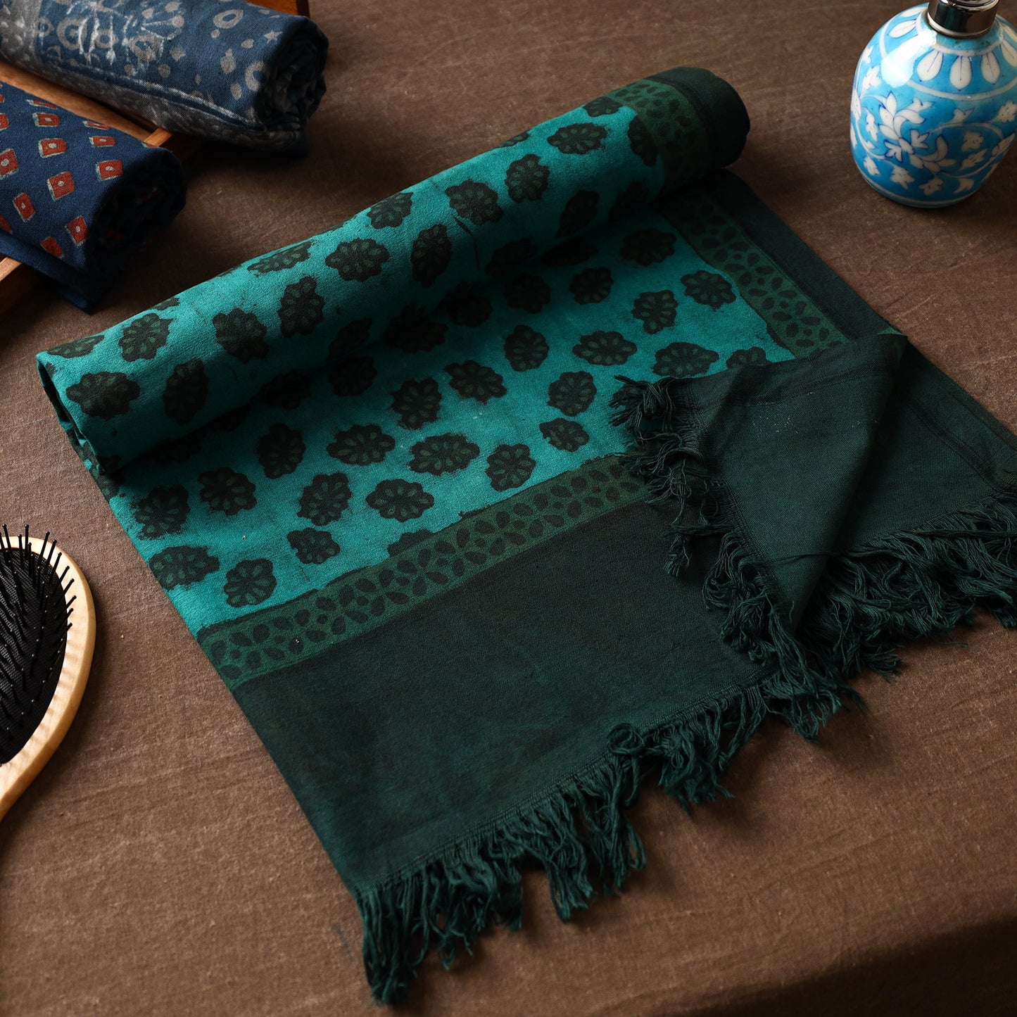 Green Akola Block Printed Pure Handloom Cotton Towel