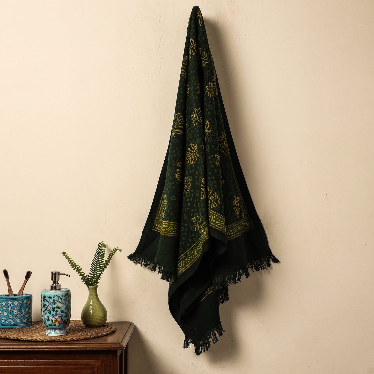 Green Akola Block Printed Pure Handloom Cotton Towel