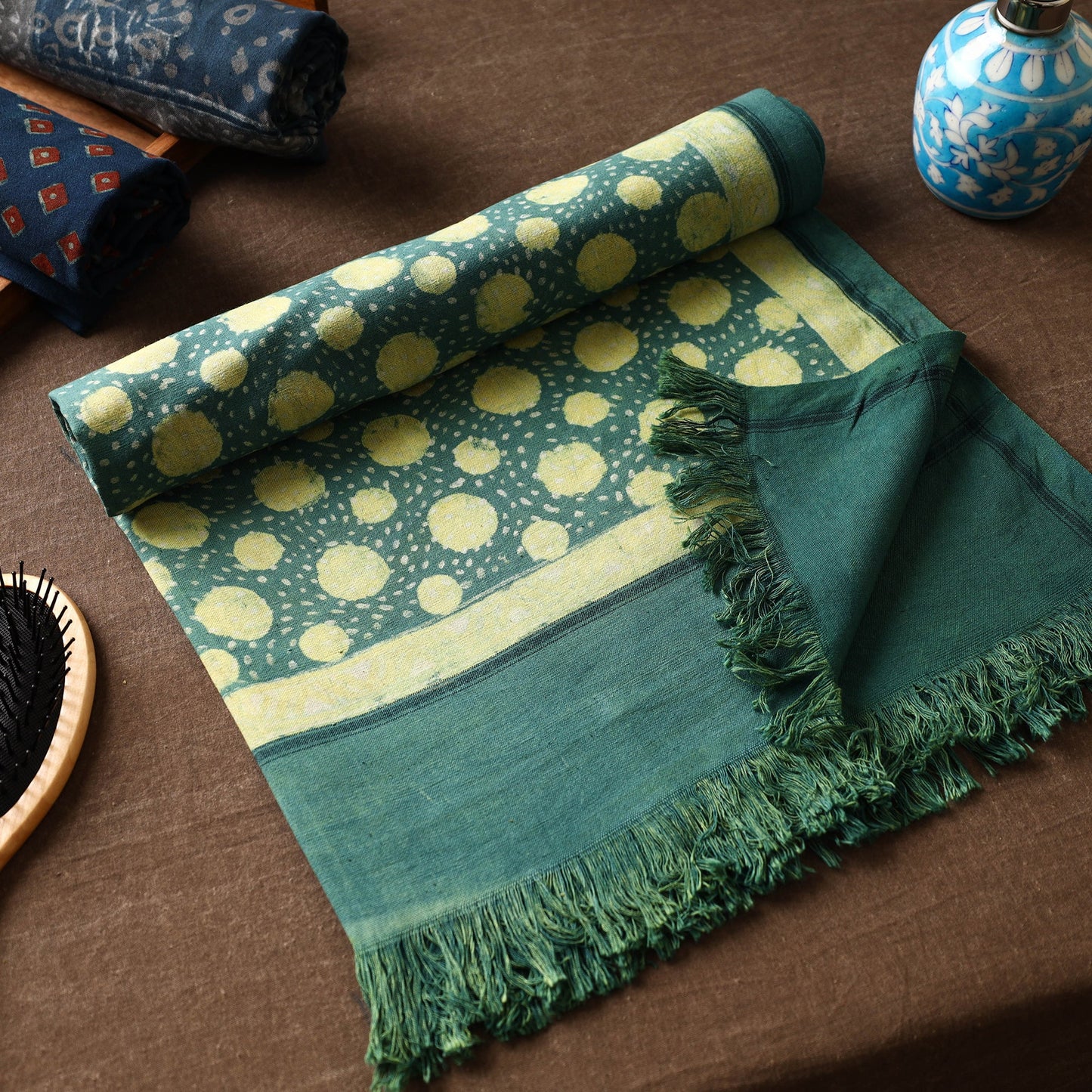Green Akola Block Printed Pure Handloom Cotton Towel