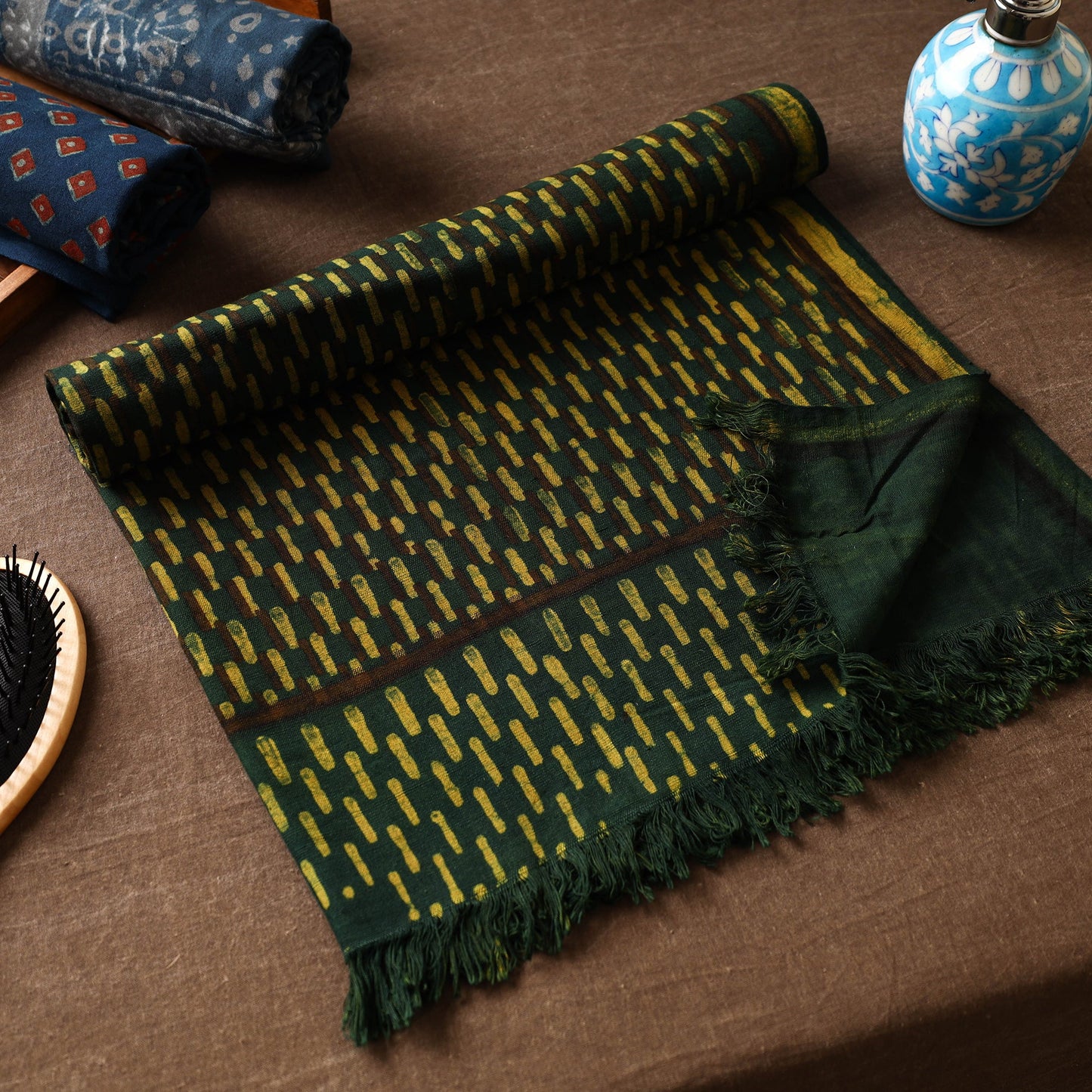 Green Akola Block Printed Pure Handloom Cotton Towel