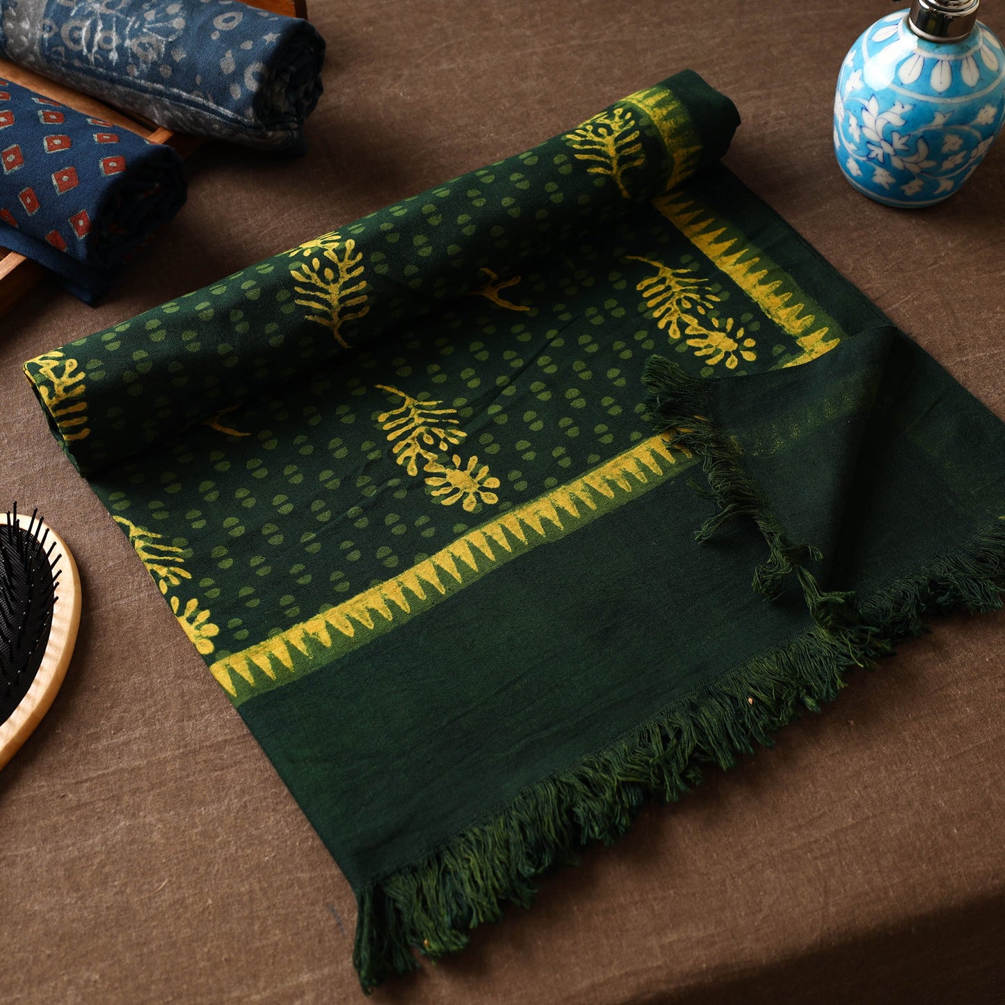 Green Akola Block Printed Pure Handloom Cotton Towel