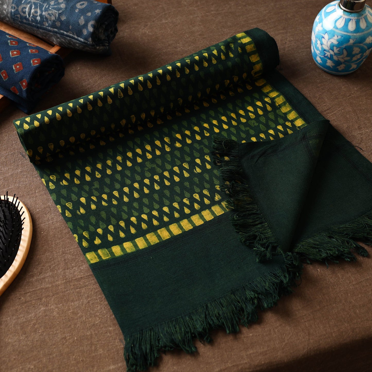 Green Akola Block Printed Pure Handloom Cotton Towel