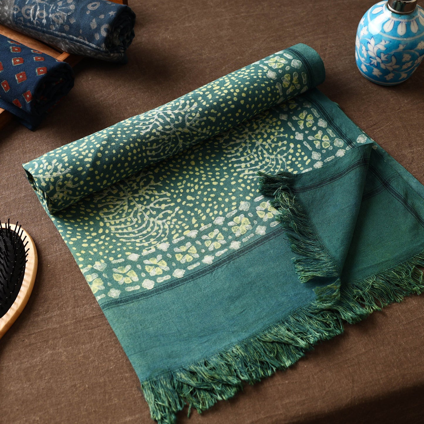 Green Akola Block Printed Pure Handloom Cotton Towel