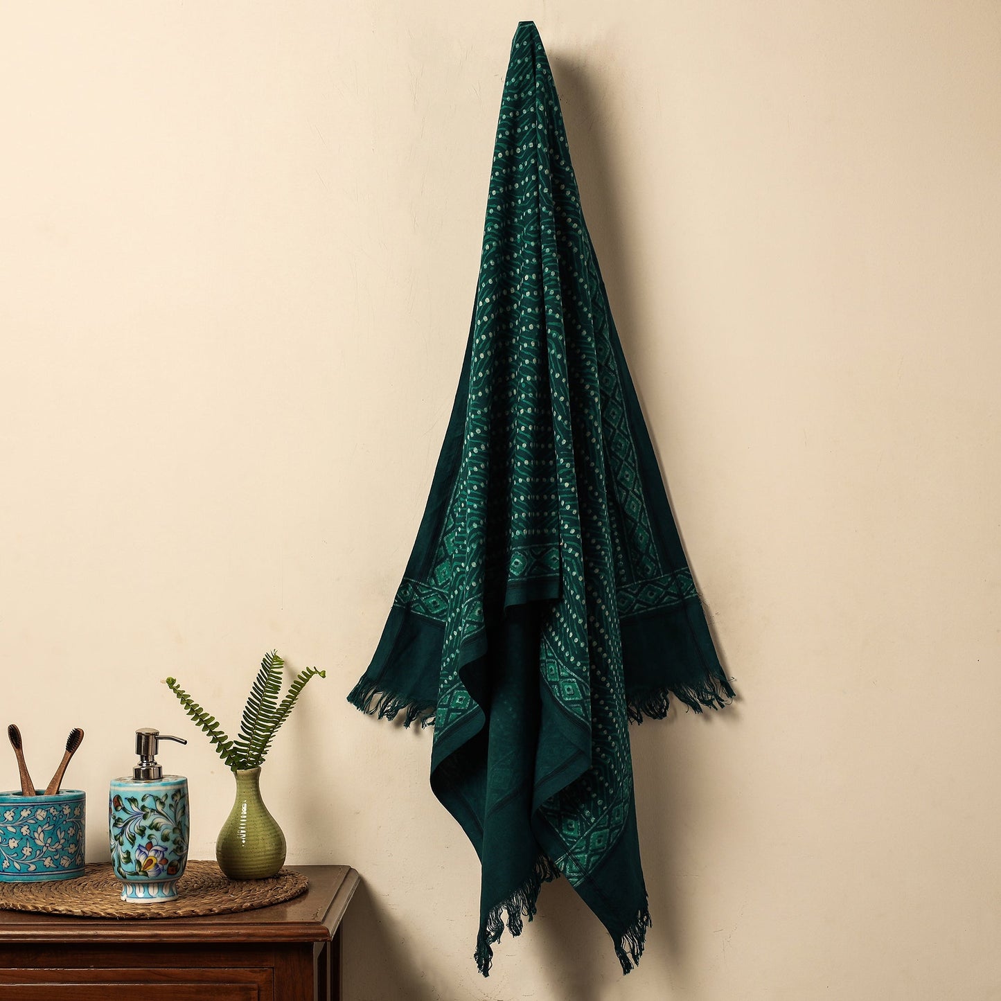 Green Akola Block Printed Pure Handloom Cotton Towel