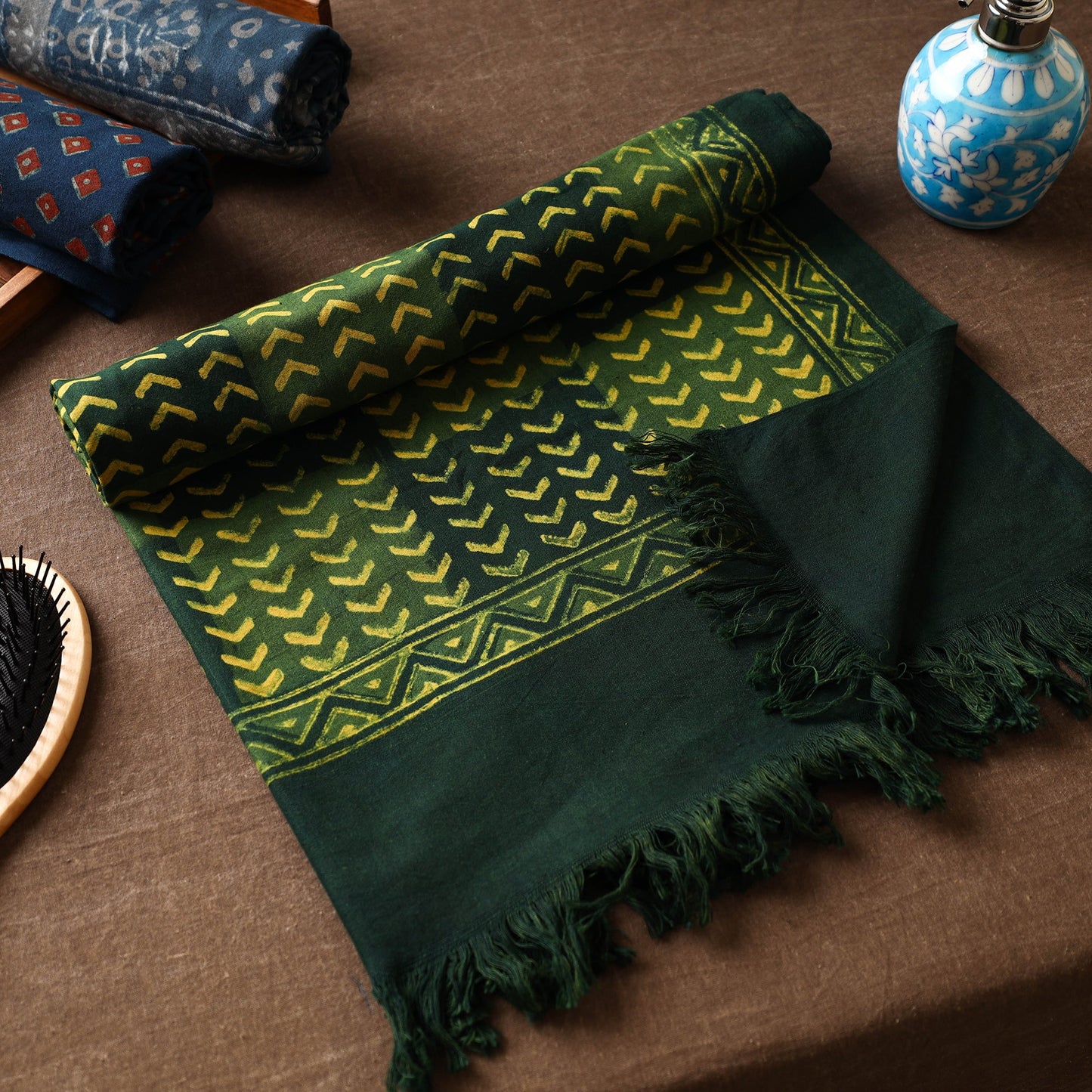 Green Akola Block Printed Pure Handloom Cotton Towel