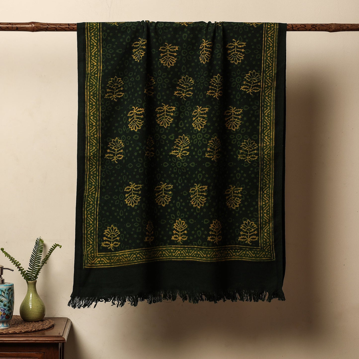 Green Akola Block Printed Pure Handloom Cotton Towel