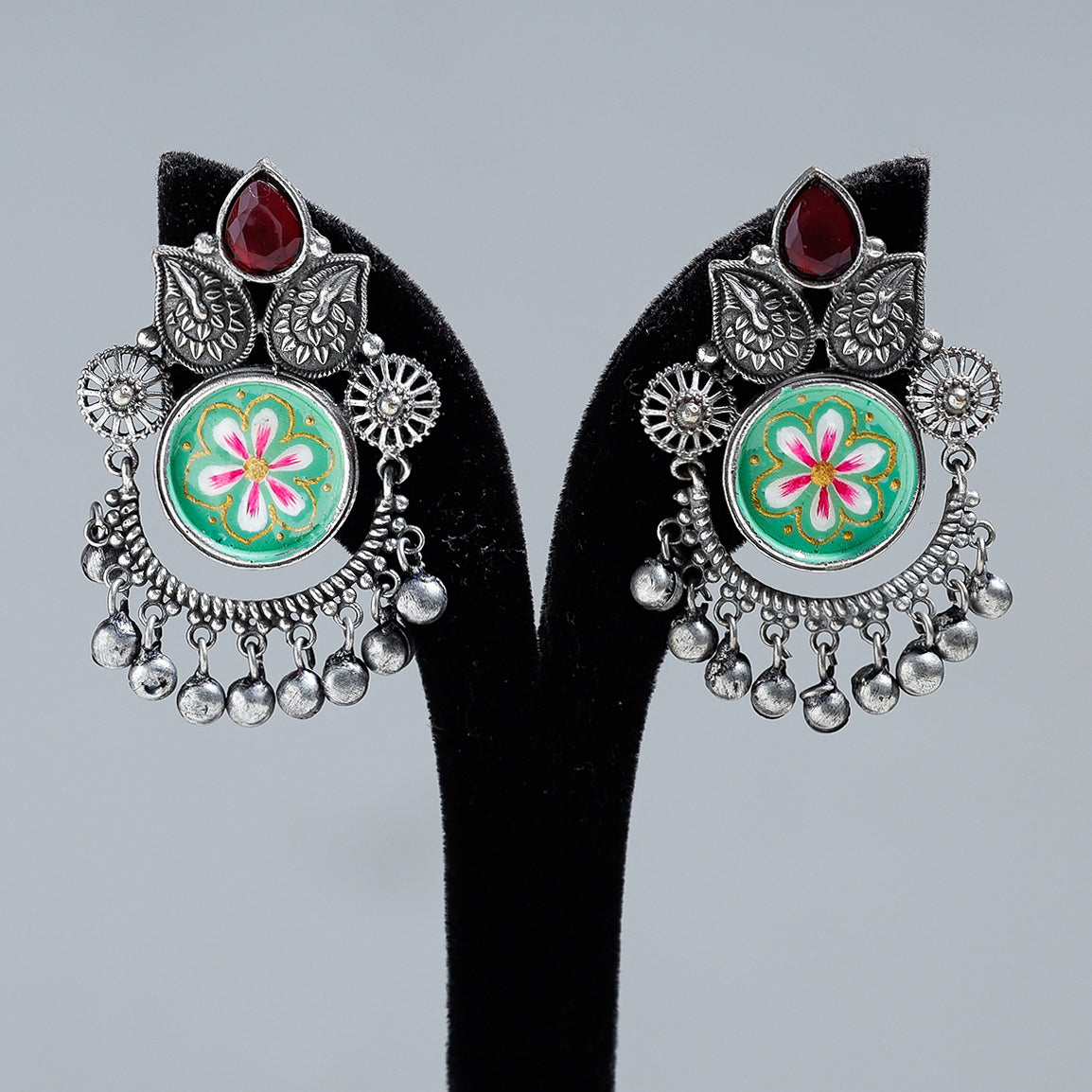 Antique Silver Finish Oxidised Brass Base Enamel & Stone Work Earrings