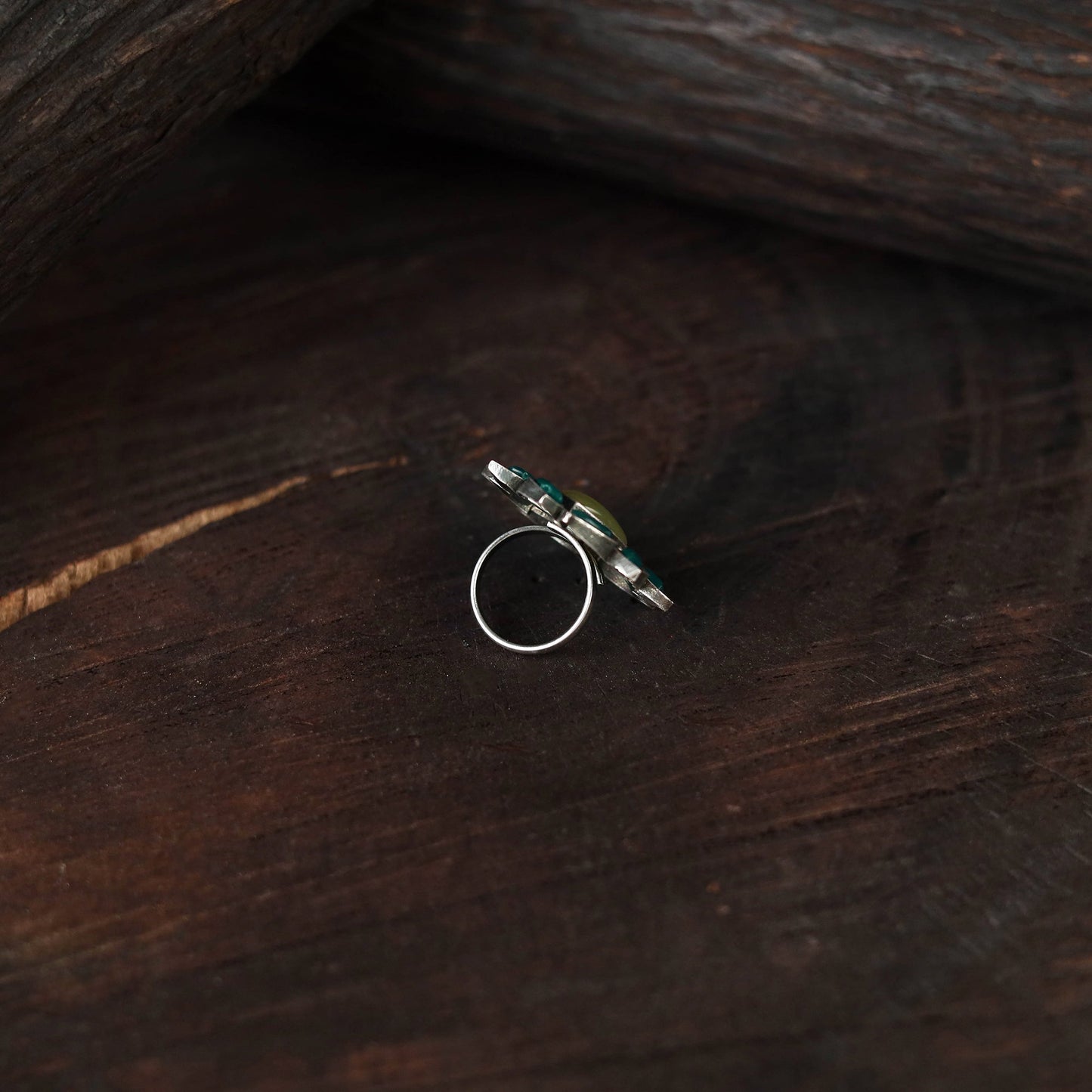 Green - antique silver finish oxidised stone work ring 46