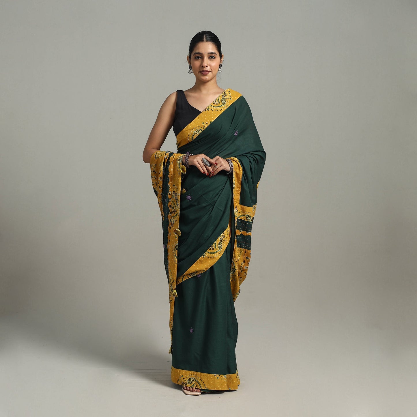 Buy Green Applique Patchwork Mul Cotton Tagai Ajrakh Saree
