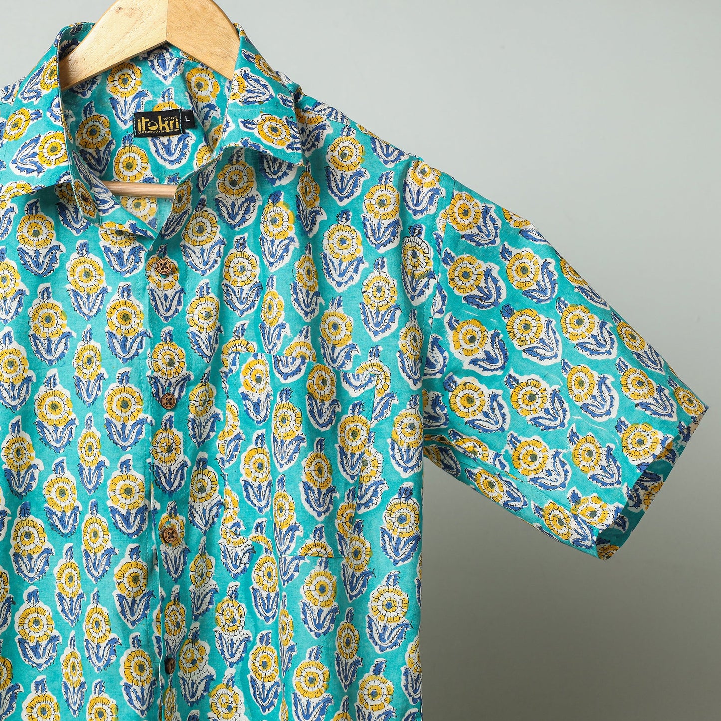 Green - aqua blue - sanganeri block printed cotton men half