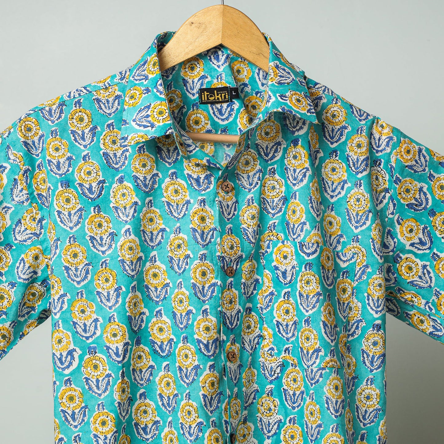 Green - aqua blue - sanganeri block printed cotton men half